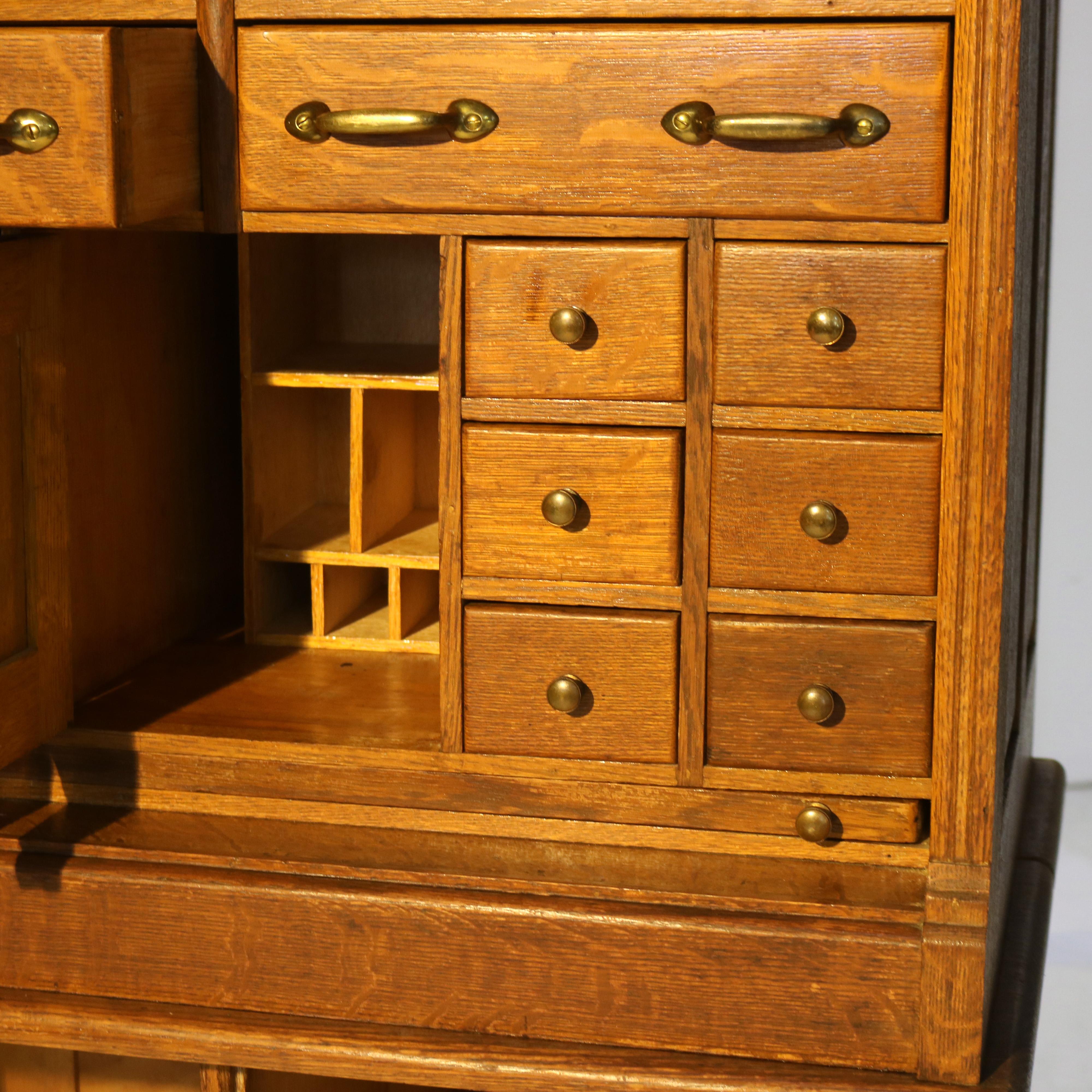 Antique Derby School Tambour Oak Two-Piece Multi Drawer Cabinet Signed C1900 1