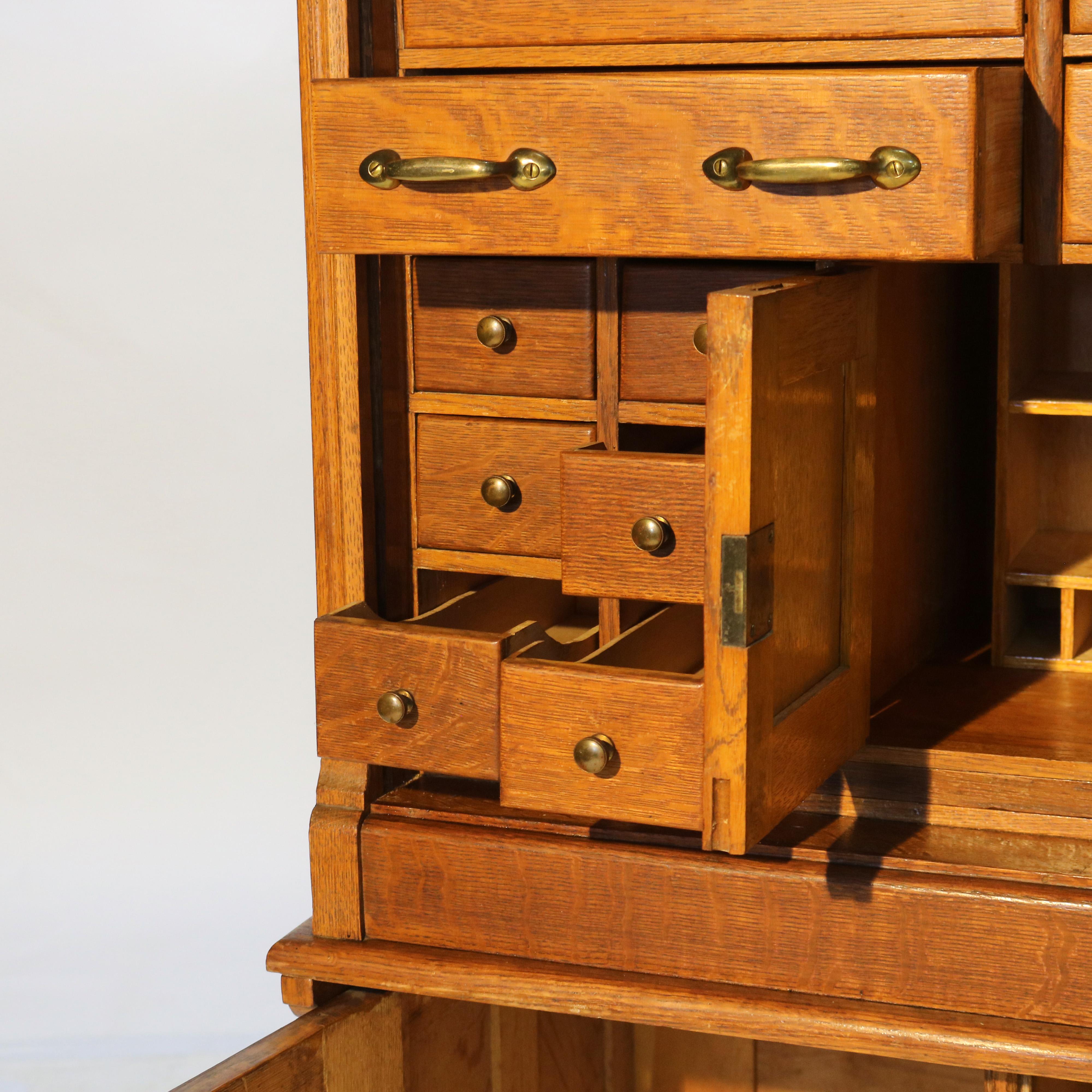 Antique Derby School Tambour Oak Two-Piece Multi Drawer Cabinet Signed C1900 2