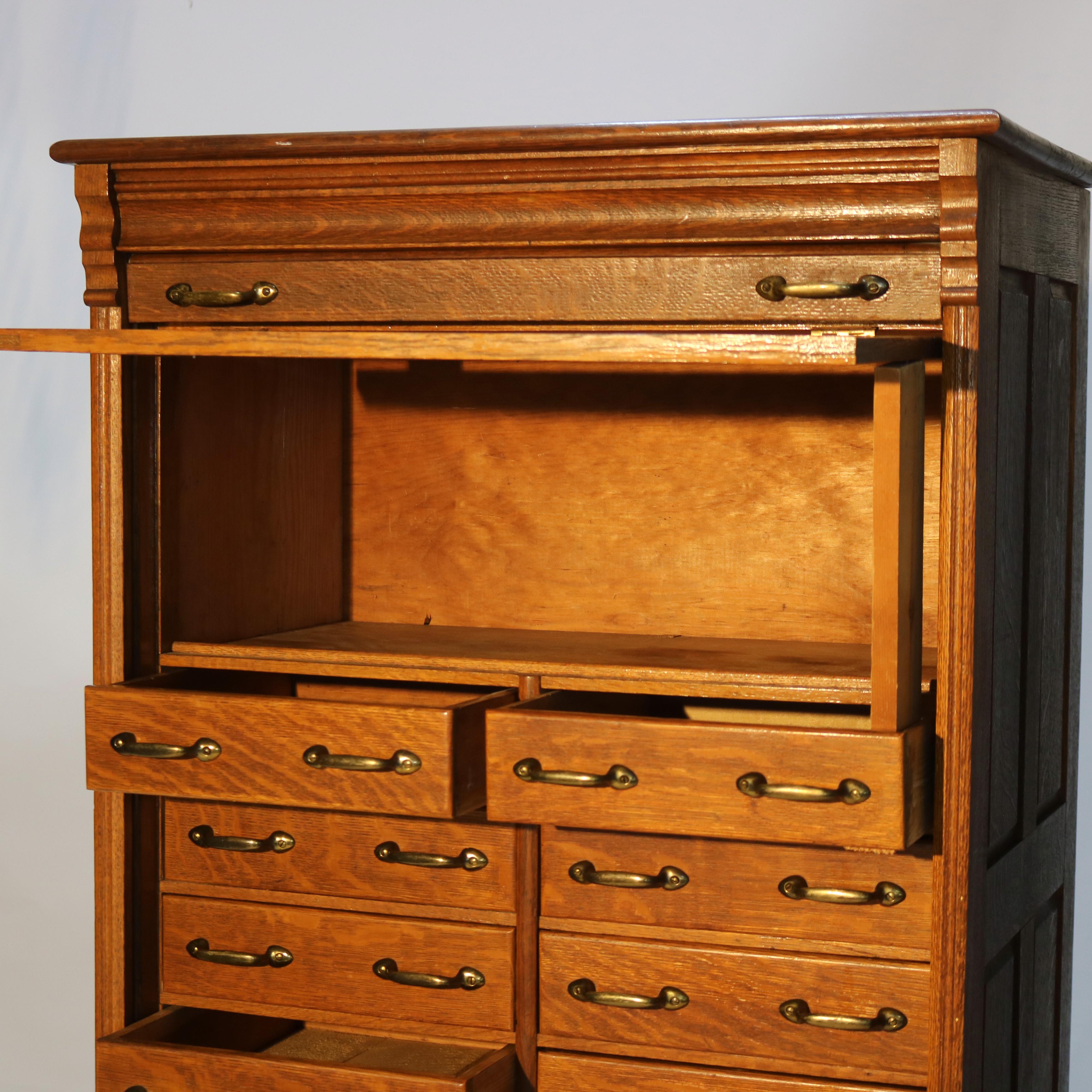 Antique Derby School Tambour Oak Two-Piece Multi Drawer Cabinet Signed C1900 3