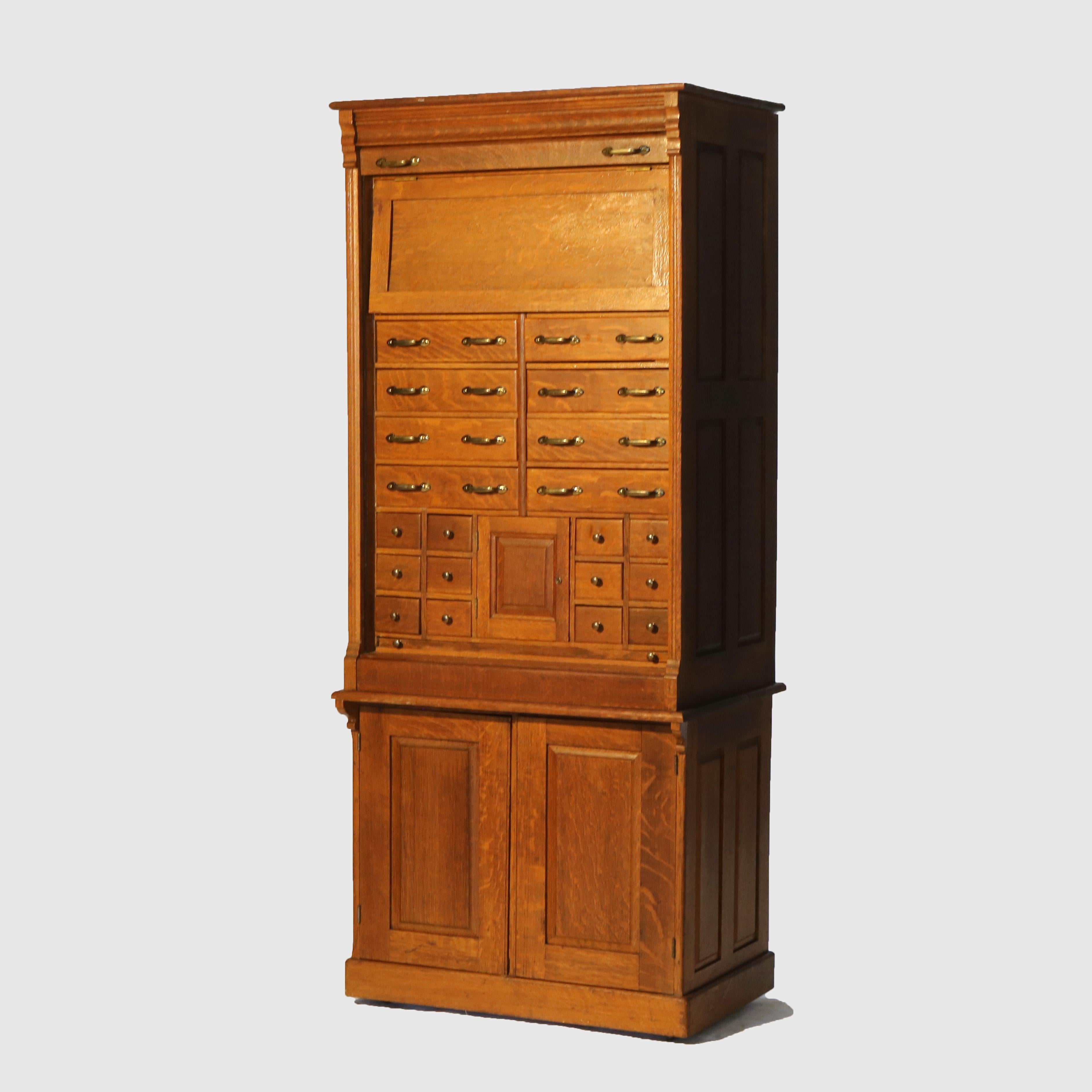 Antique Derby School Tambour Oak Two-Piece Multi Drawer Cabinet Signed C1900 5