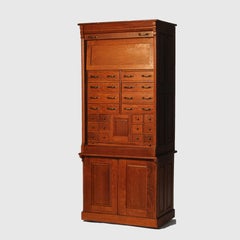 Antique Derby School Tambour Oak Two-Piece Multi Drawer Cabinet Signed C1900