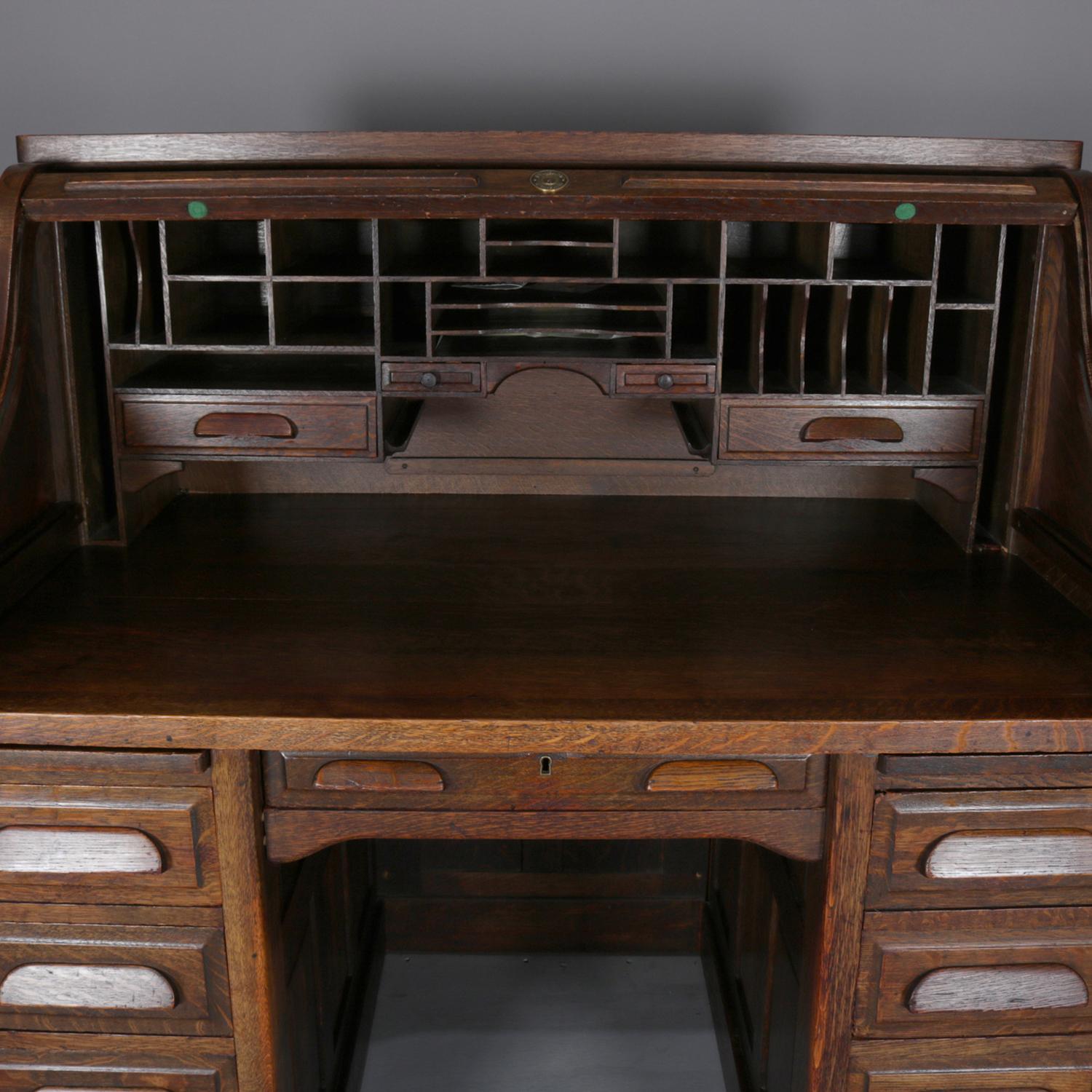 Antique Derby Style Oak Paneled Roll Top Desk by Standard, circa 1900 In Good Condition In Big Flats, NY