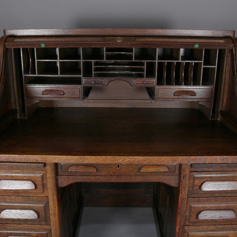 Antique Derby Style Oak Paneled Roll Top Desk by Standard, circa 1900