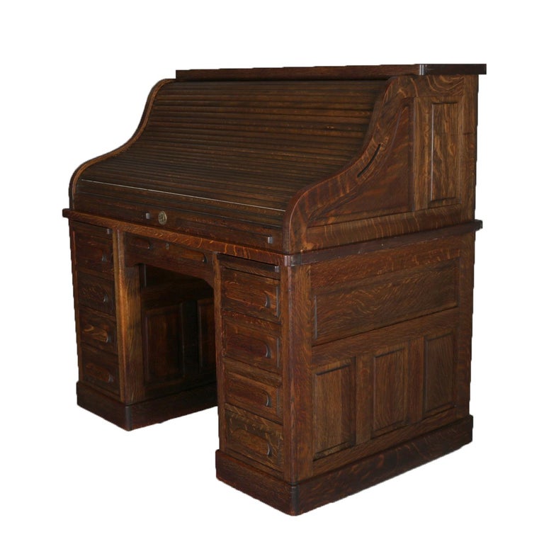 Antique Derby Style Oak Paneled Roll Top Desk by Standard, circa 1900