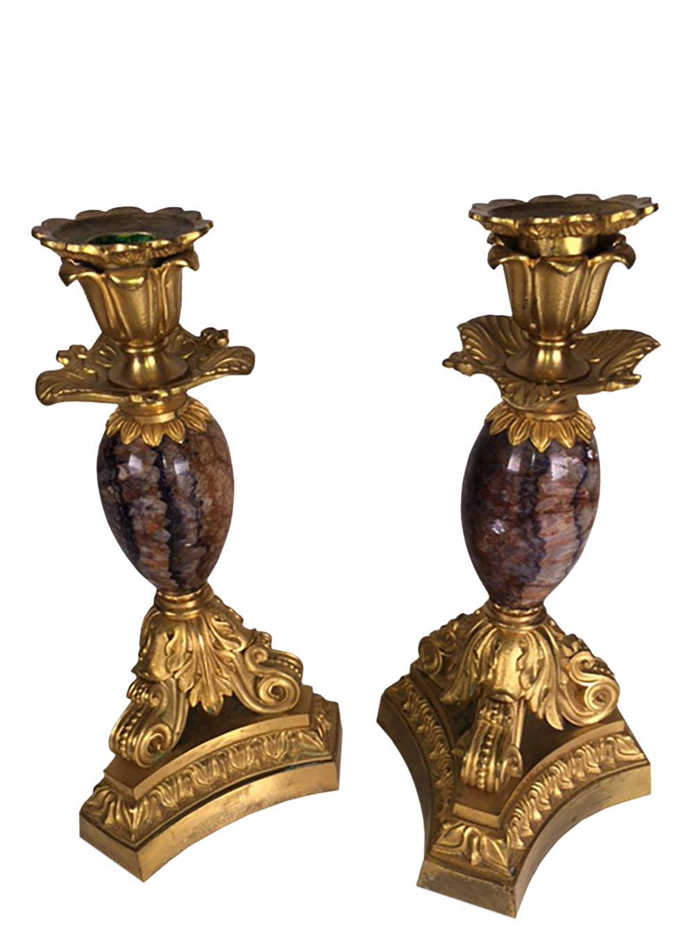 A pair of Louis XV style Derbyshire blue John with bronze doré candlesticks. French, circa 1860.