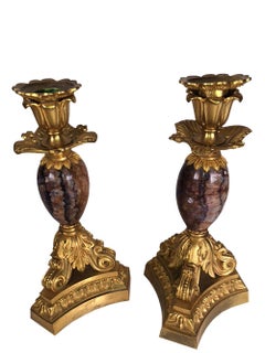 Antique Derbyshire Blue John with Bronze Candlesticks