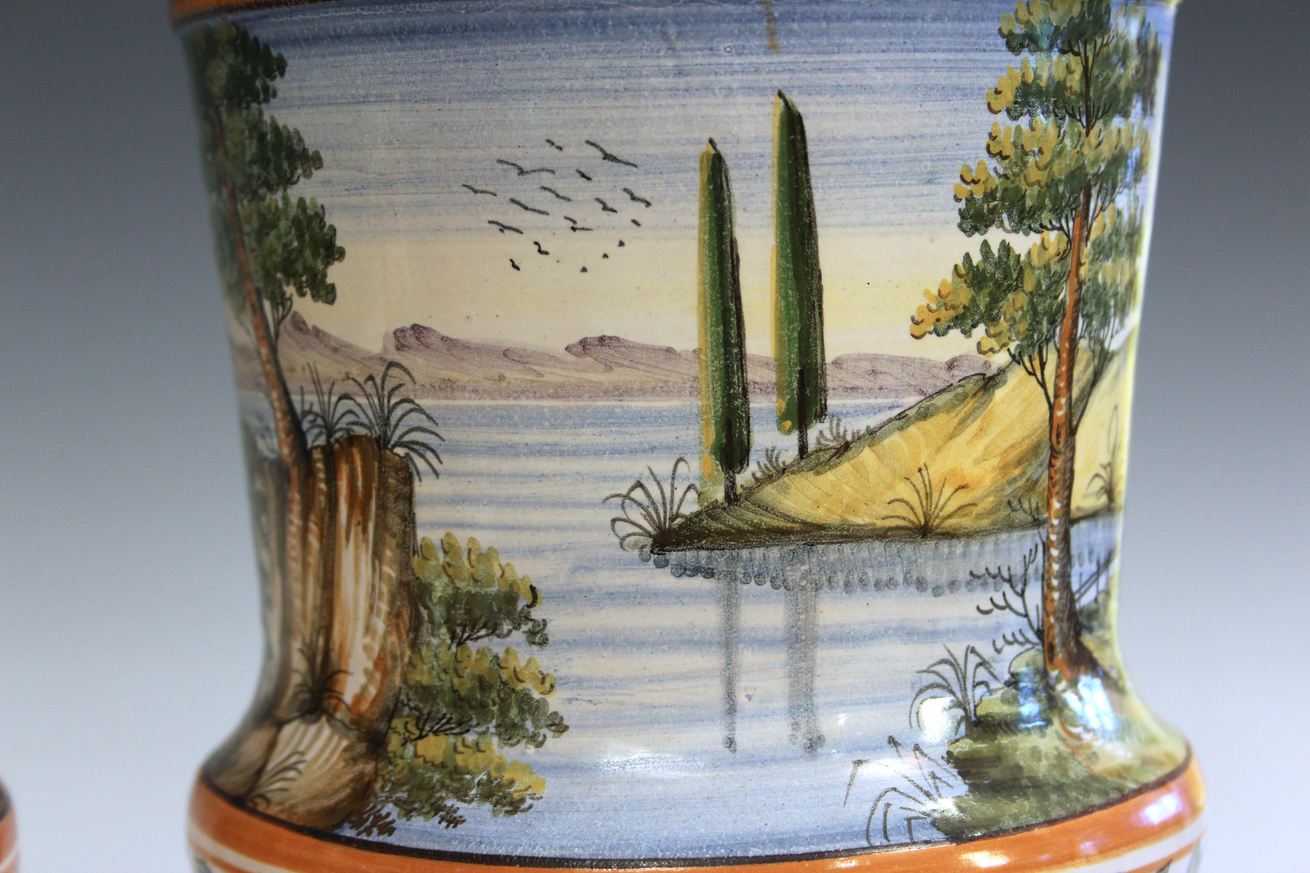 Antique Deruta Pottery Pair Urns Covers Italian Vintage Majolica Vases Jars For Sale 5