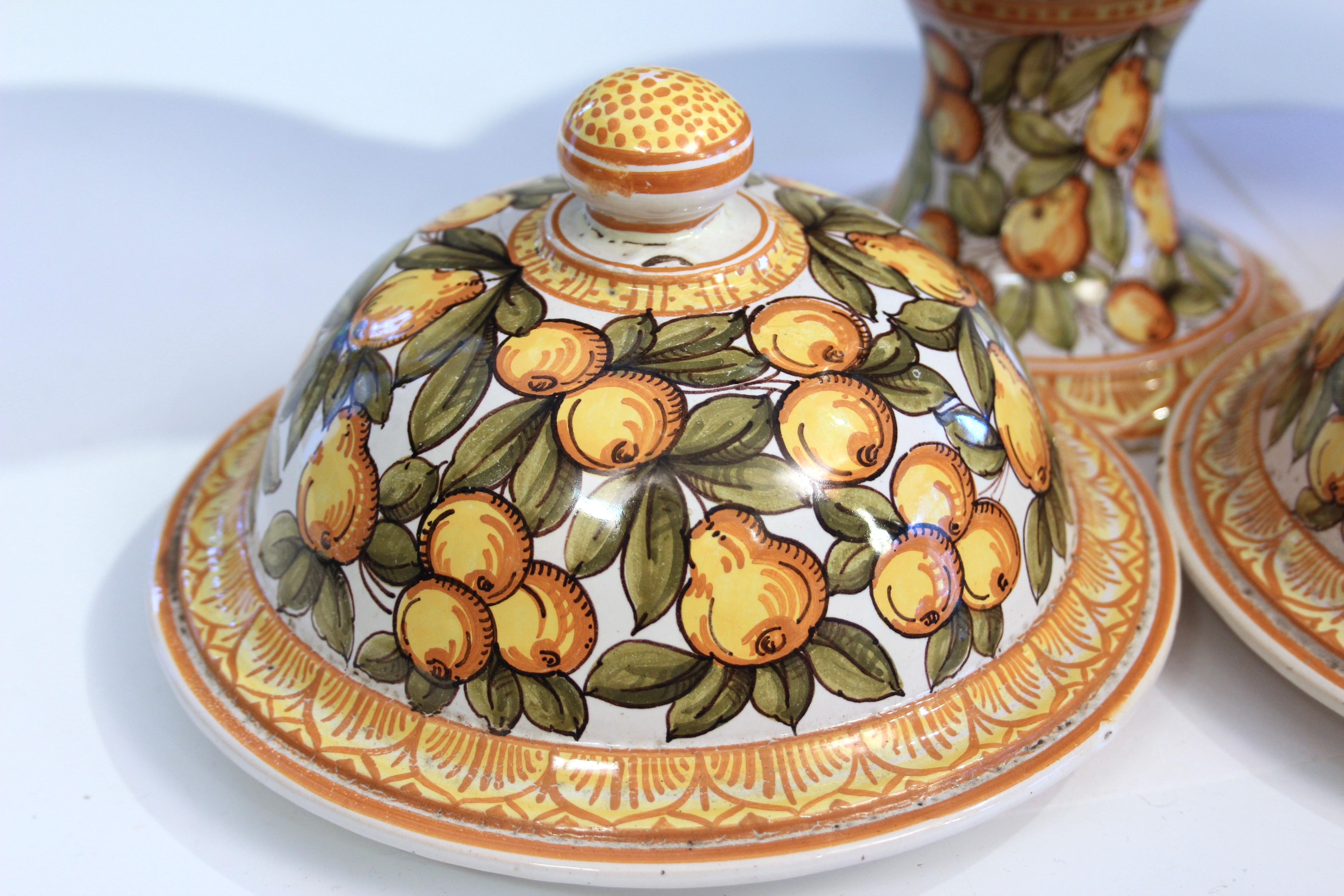 Antique Deruta Pottery Pair Urns Covers Italian Vintage Majolica Vases Jars For Sale 6