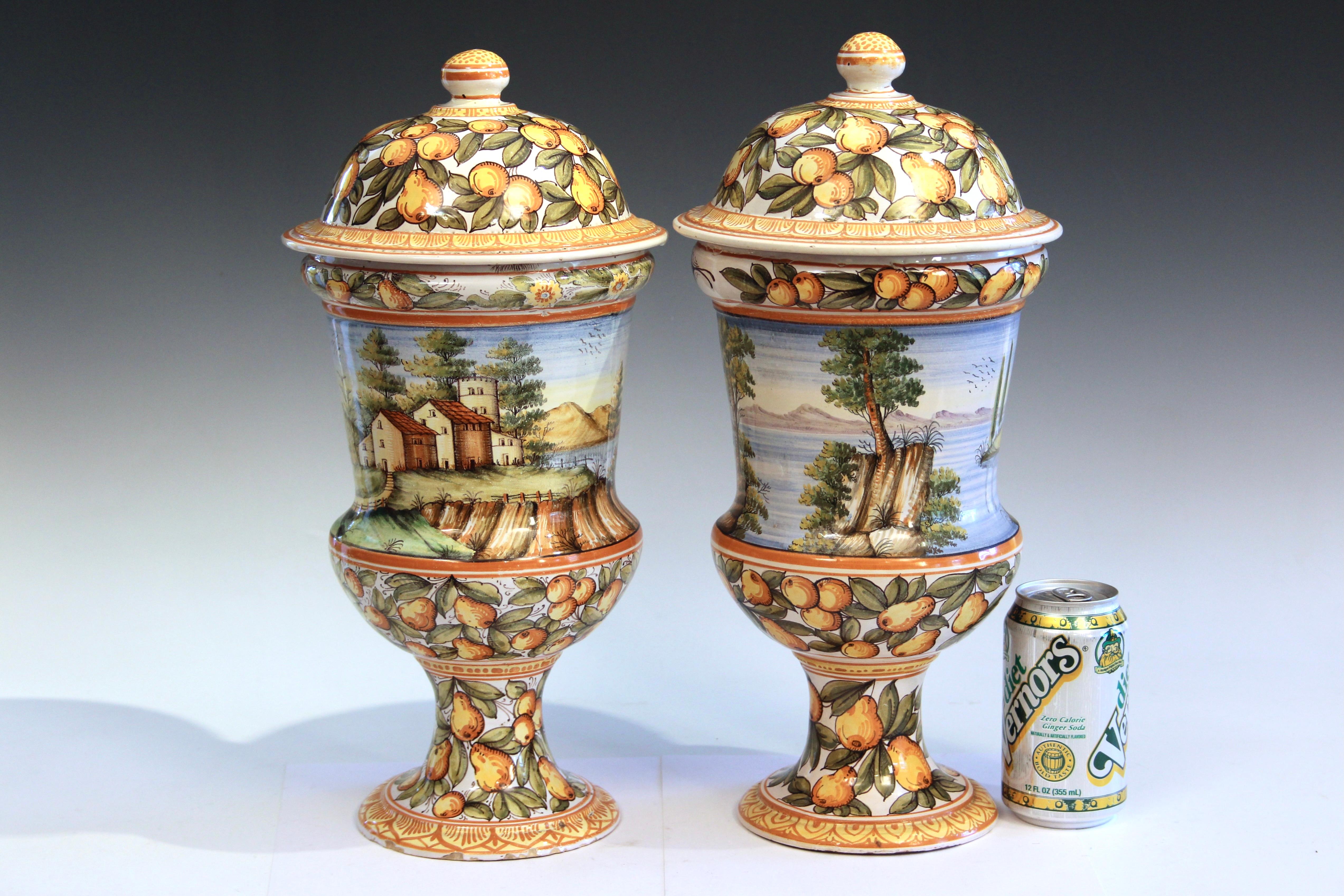 Antique Deruta Pottery Pair Urns Covers Italian Vintage Majolica Vases Jars For Sale 7