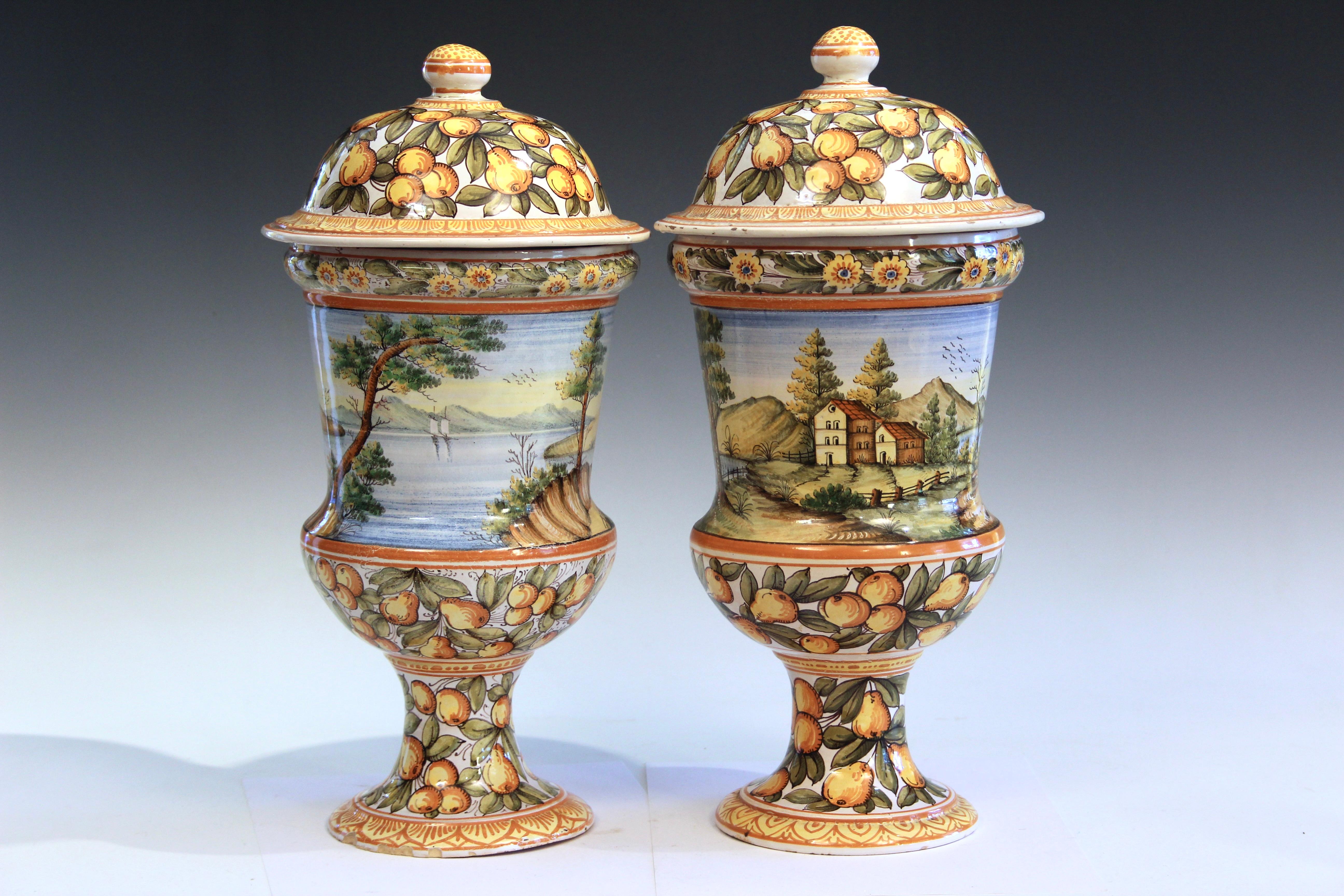 Renaissance Antique Deruta Pottery Pair Urns Covers Italian Vintage Majolica Vases Jars For Sale