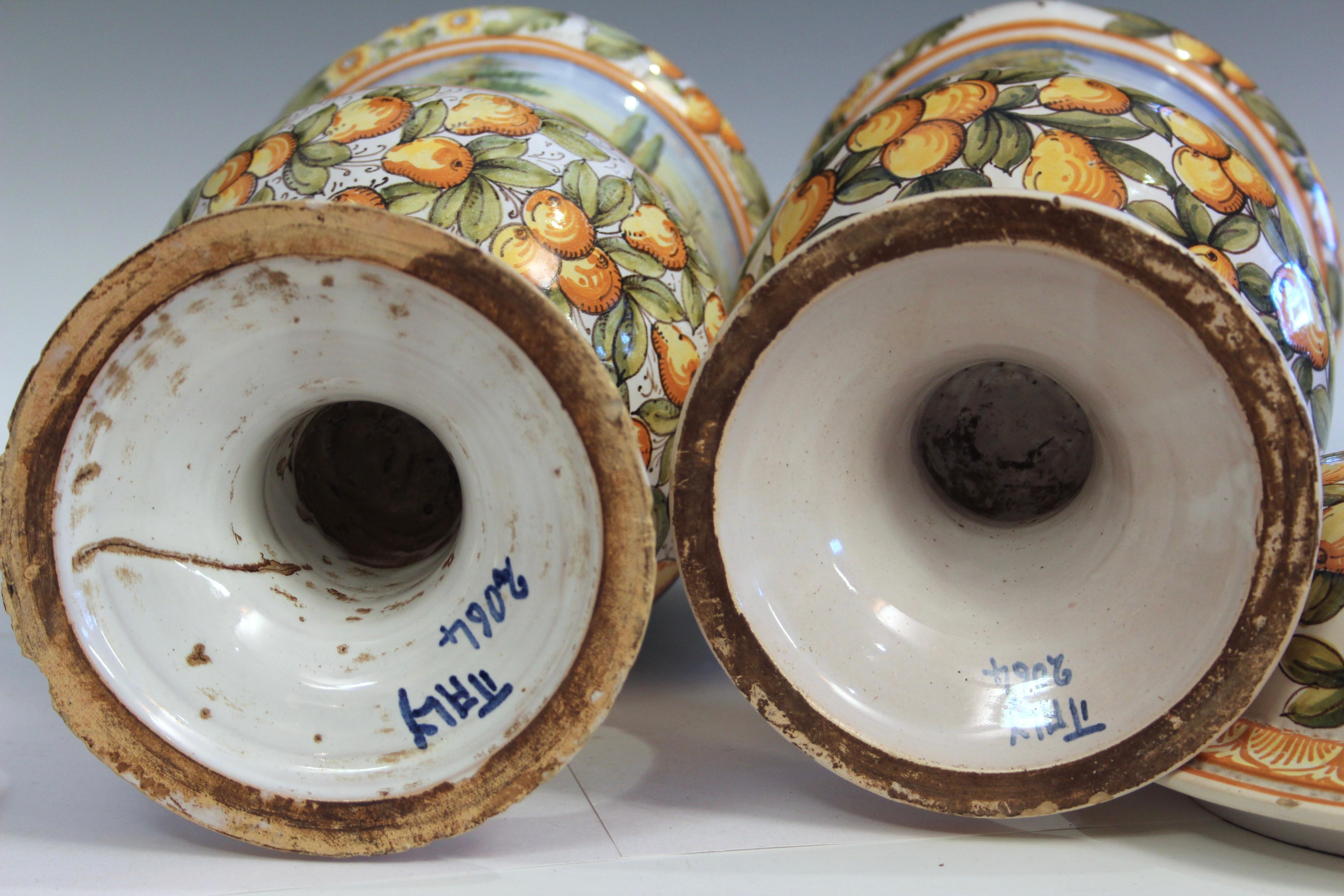 20th Century Antique Deruta Pottery Pair Urns Covers Italian Vintage Majolica Vases Jars For Sale