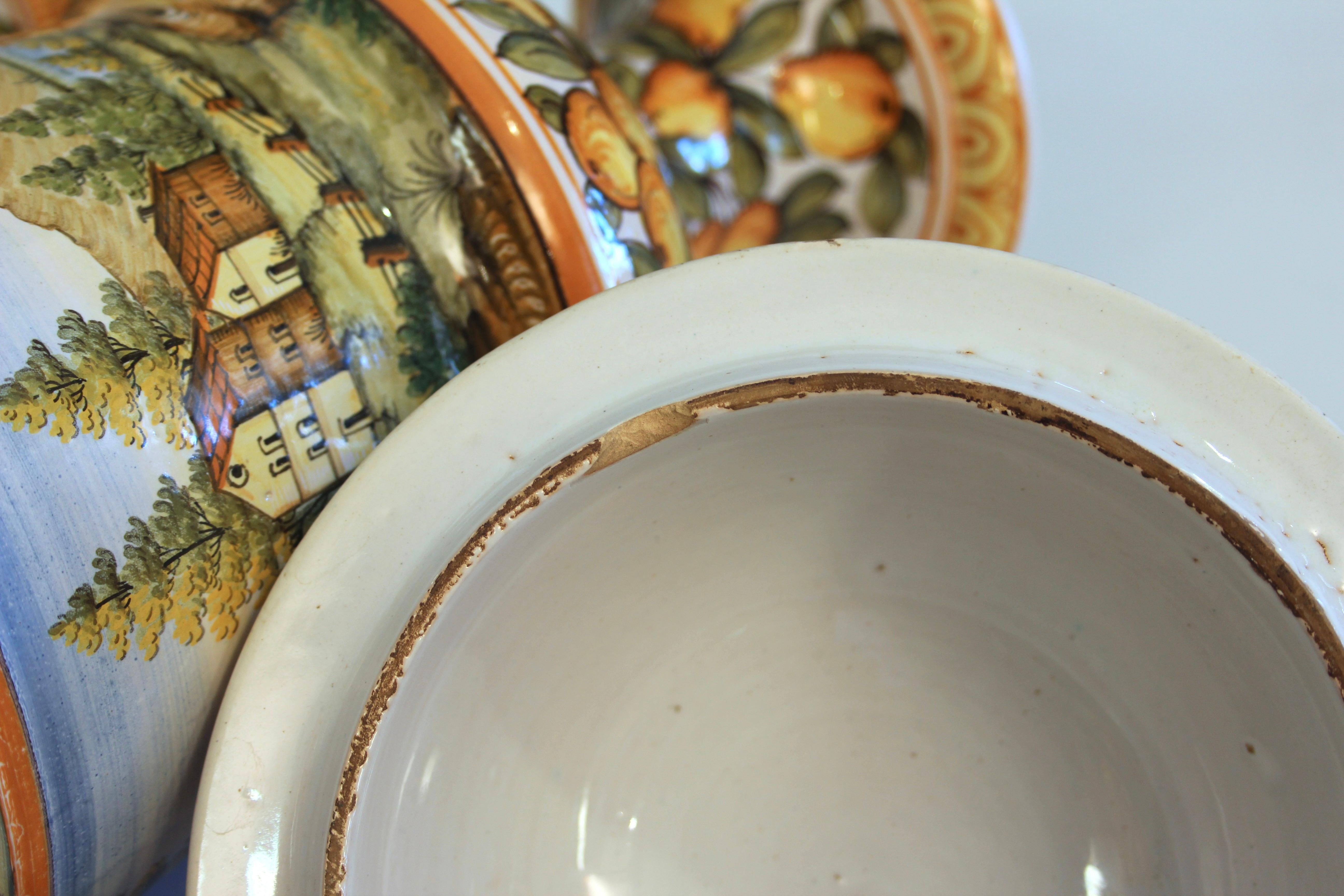 Antique Deruta Pottery Pair Urns Covers Italian Vintage Majolica Vases Jars For Sale 1