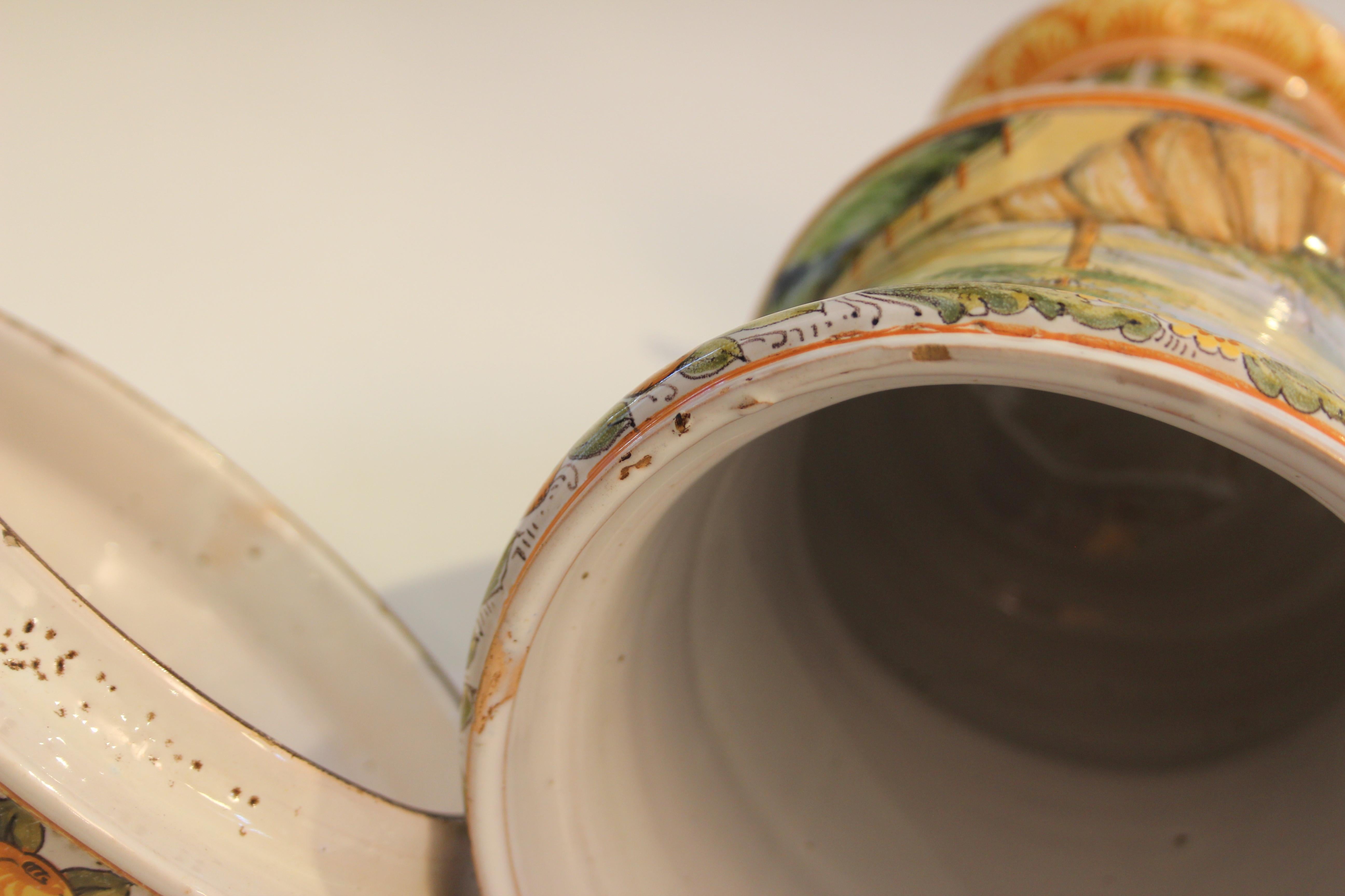 Antique Deruta Pottery Pair Urns Covers Italian Vintage Majolica Vases Jars For Sale 2