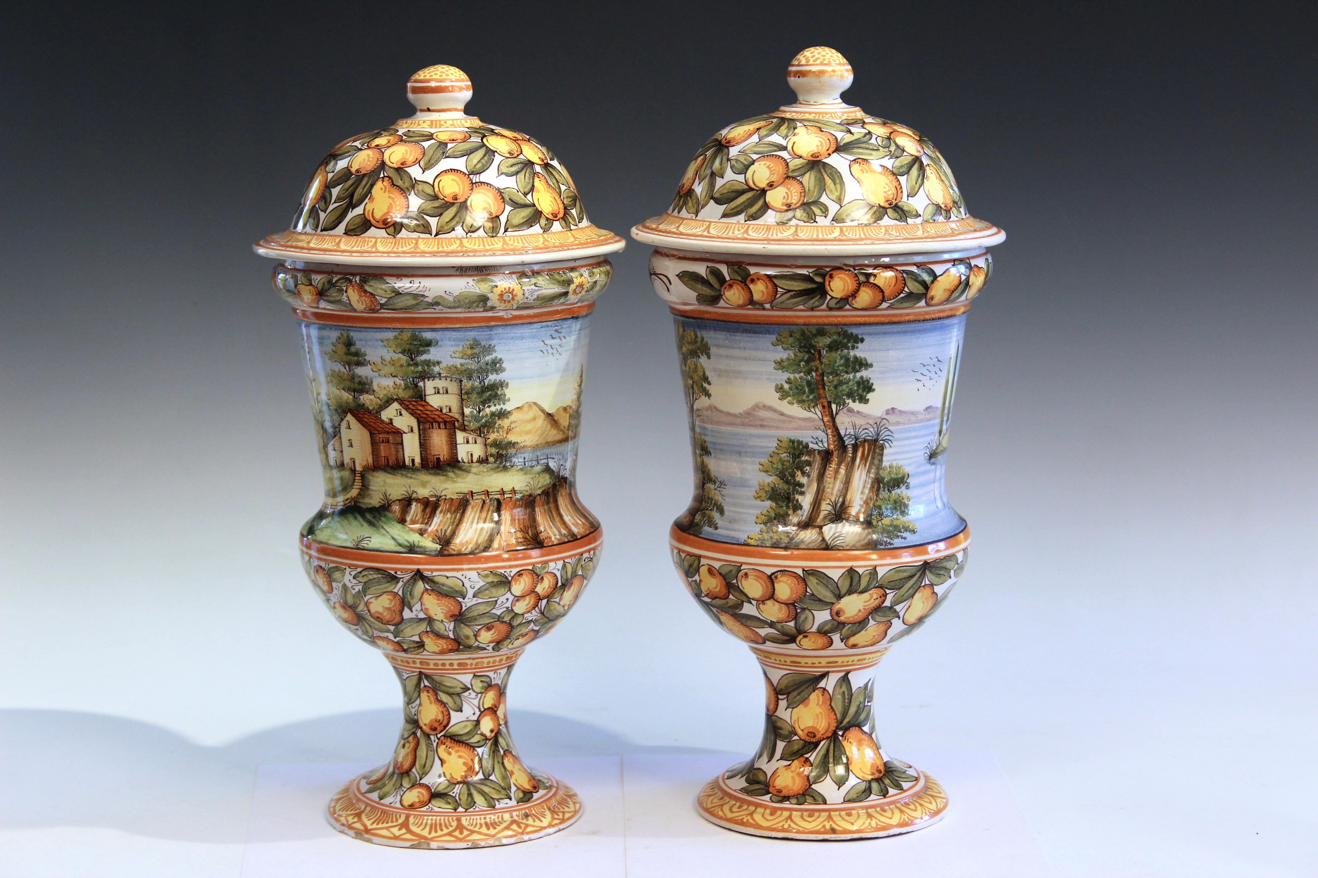 Antique Deruta Pottery Pair Urns Covers Italian Vintage Majolica Vases Jars For Sale