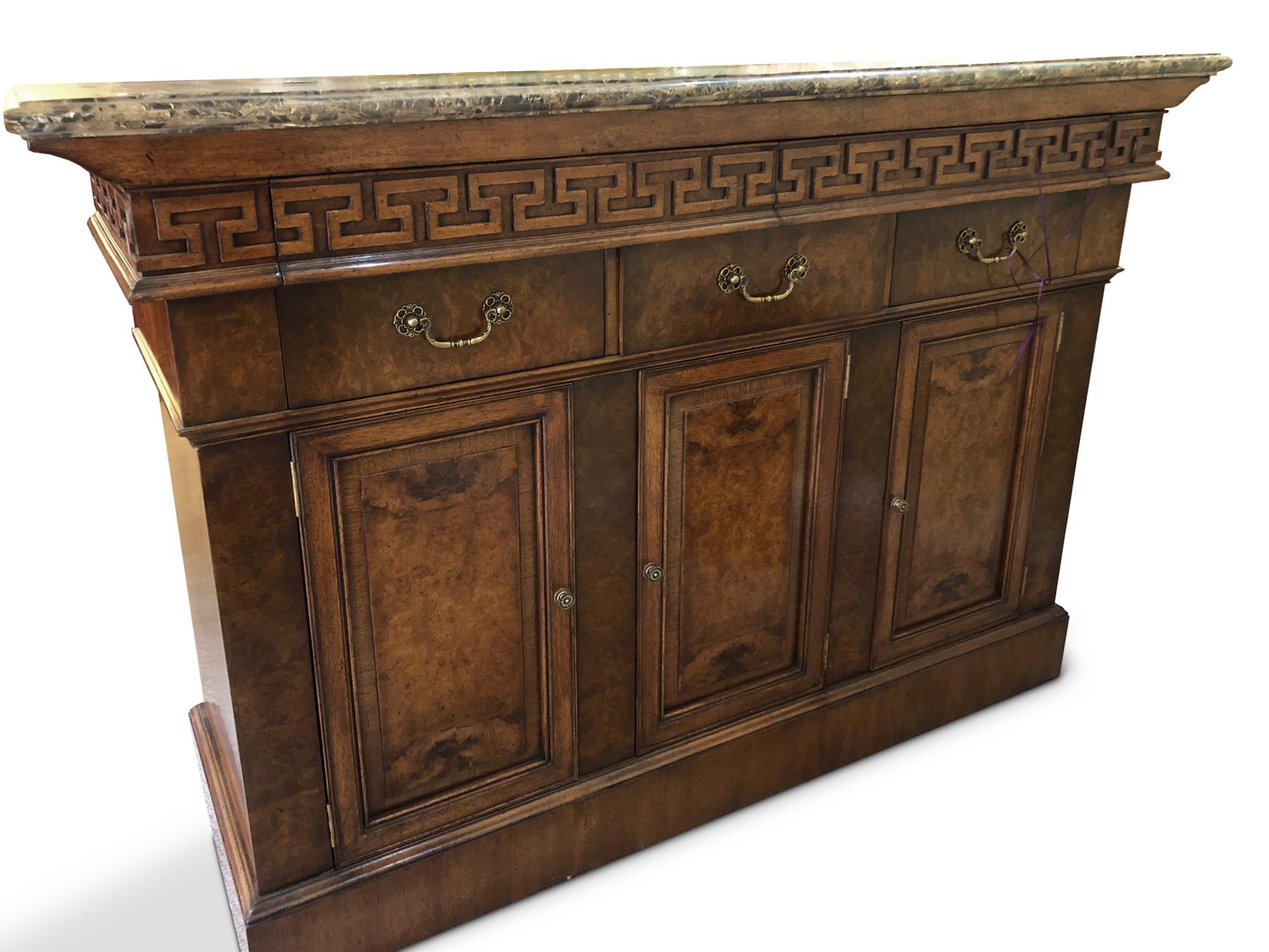 Neoclassical Revival Antique Design Burr Walnut Bar with Breccia Marble Top and Matching Bar Stool