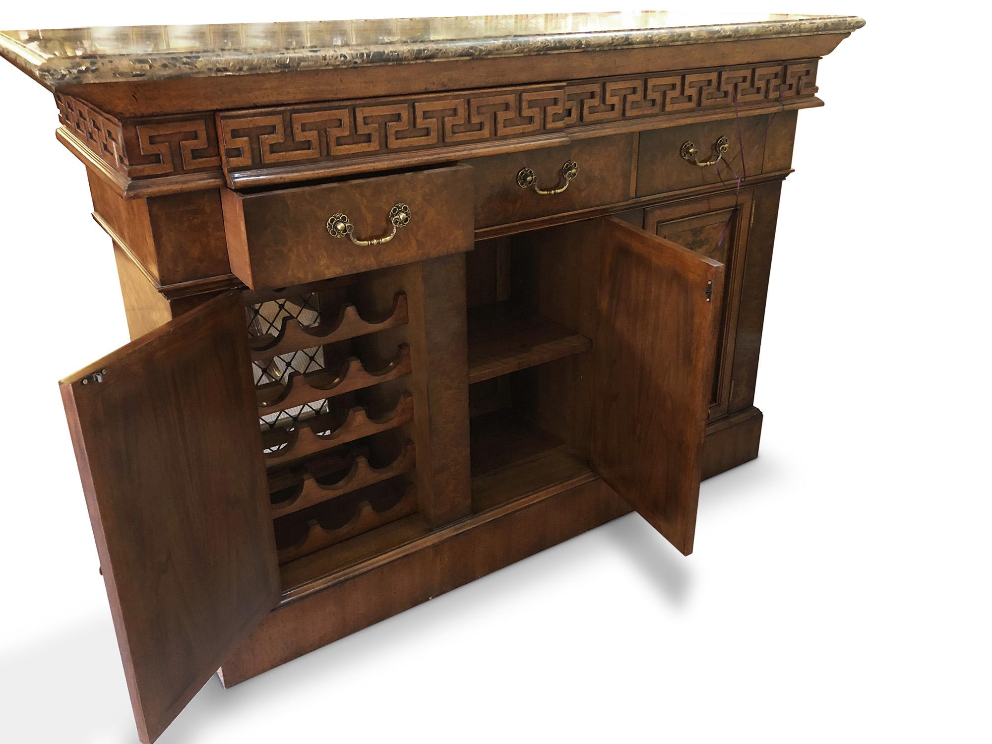 English Antique Design Burr Walnut Bar with Breccia Marble Top and Matching Bar Stool