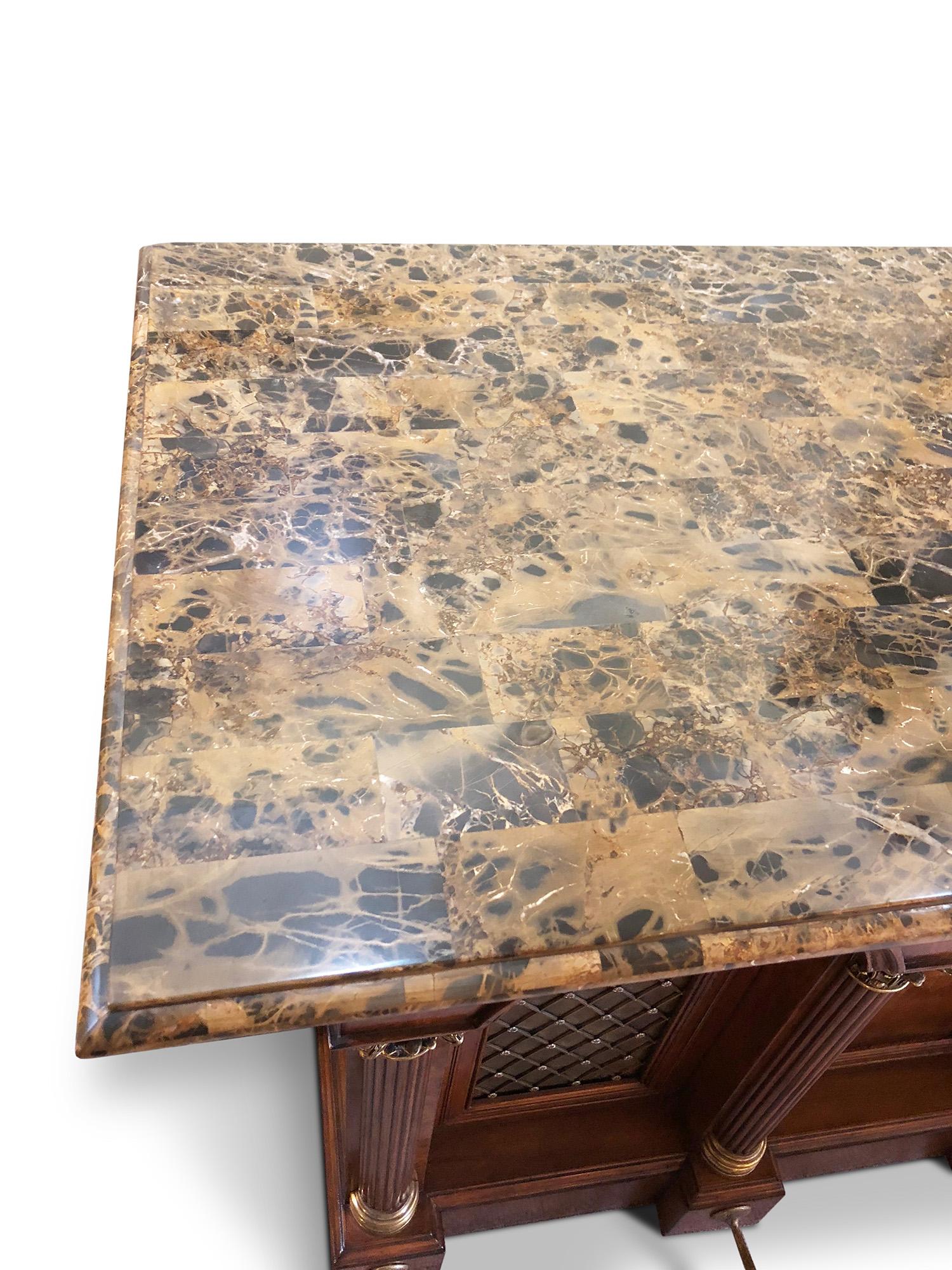 Veneer Antique Design Burr Walnut Bar with Breccia Marble Top and Matching Bar Stool