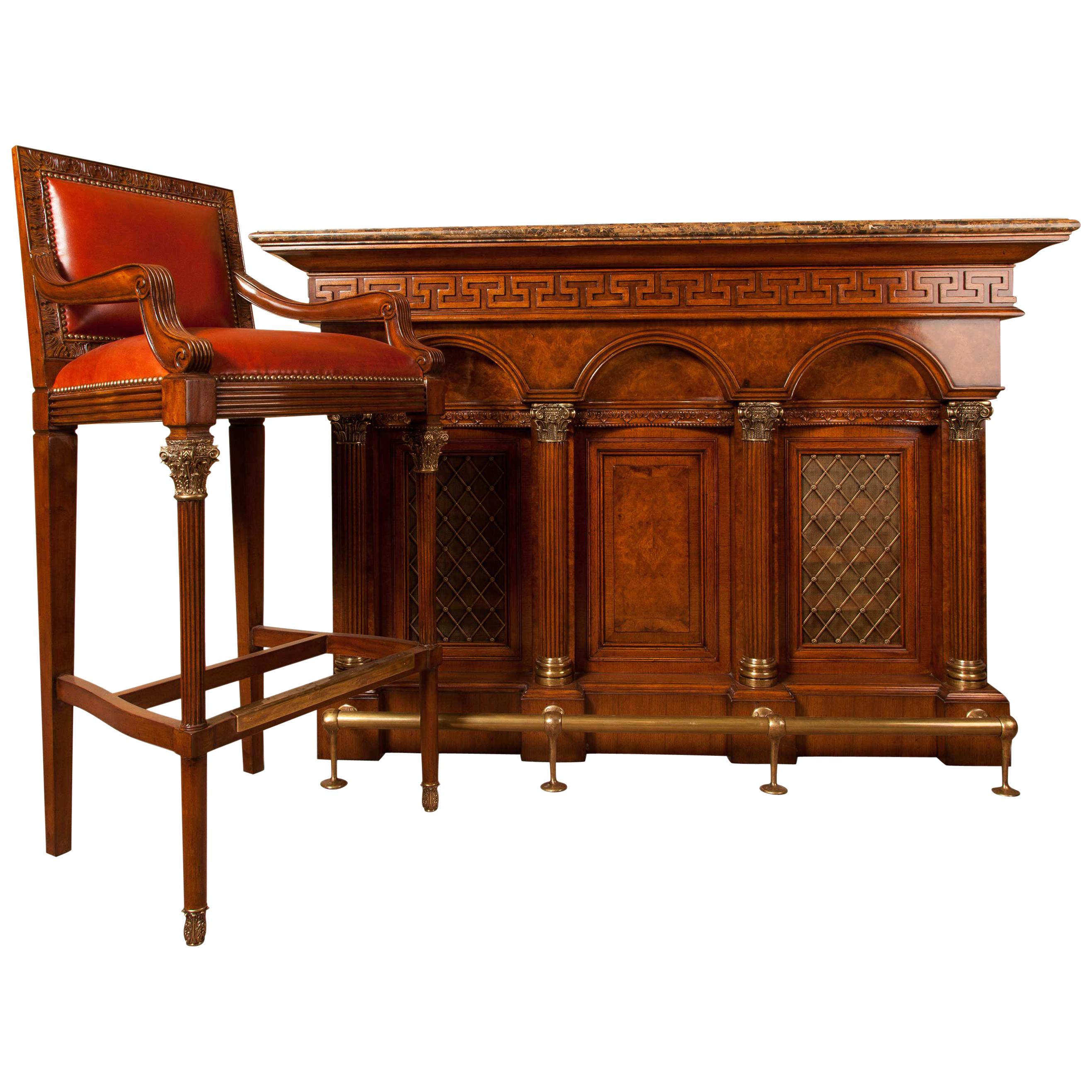 Antique Design Burr Walnut Bar with Breccia Marble Top and Matching Bar Stool