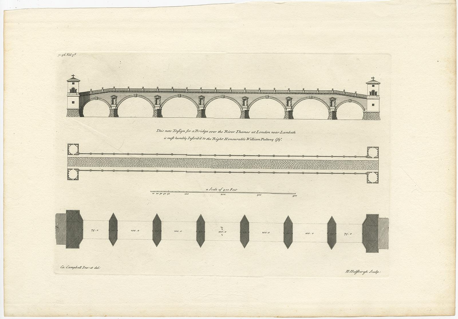 Antique print titled 'This new Design for a Bridge over the River Thames at London (..)'. 

Print of the design for a new bridge across the Thames at Westminster. This print originates from 'Vitruvius Britannicus' by Colen Campbell. 

Artists