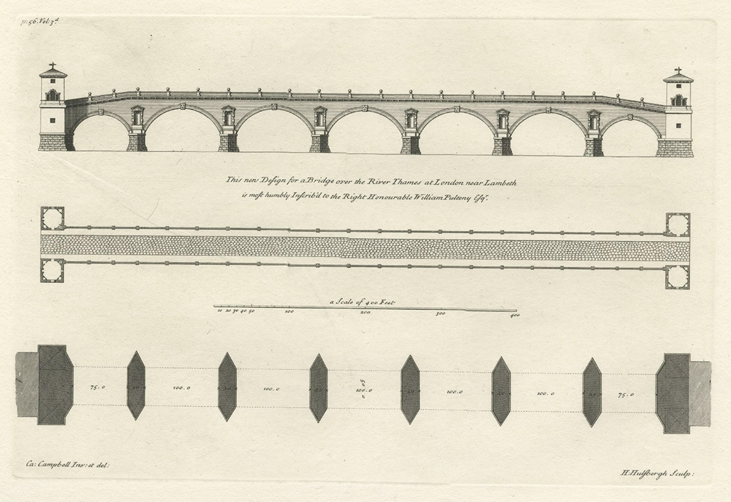 Antique Design for a New Bridge Across the Thames at Westminster, London, 1725 In Good Condition For Sale In Langweer, NL