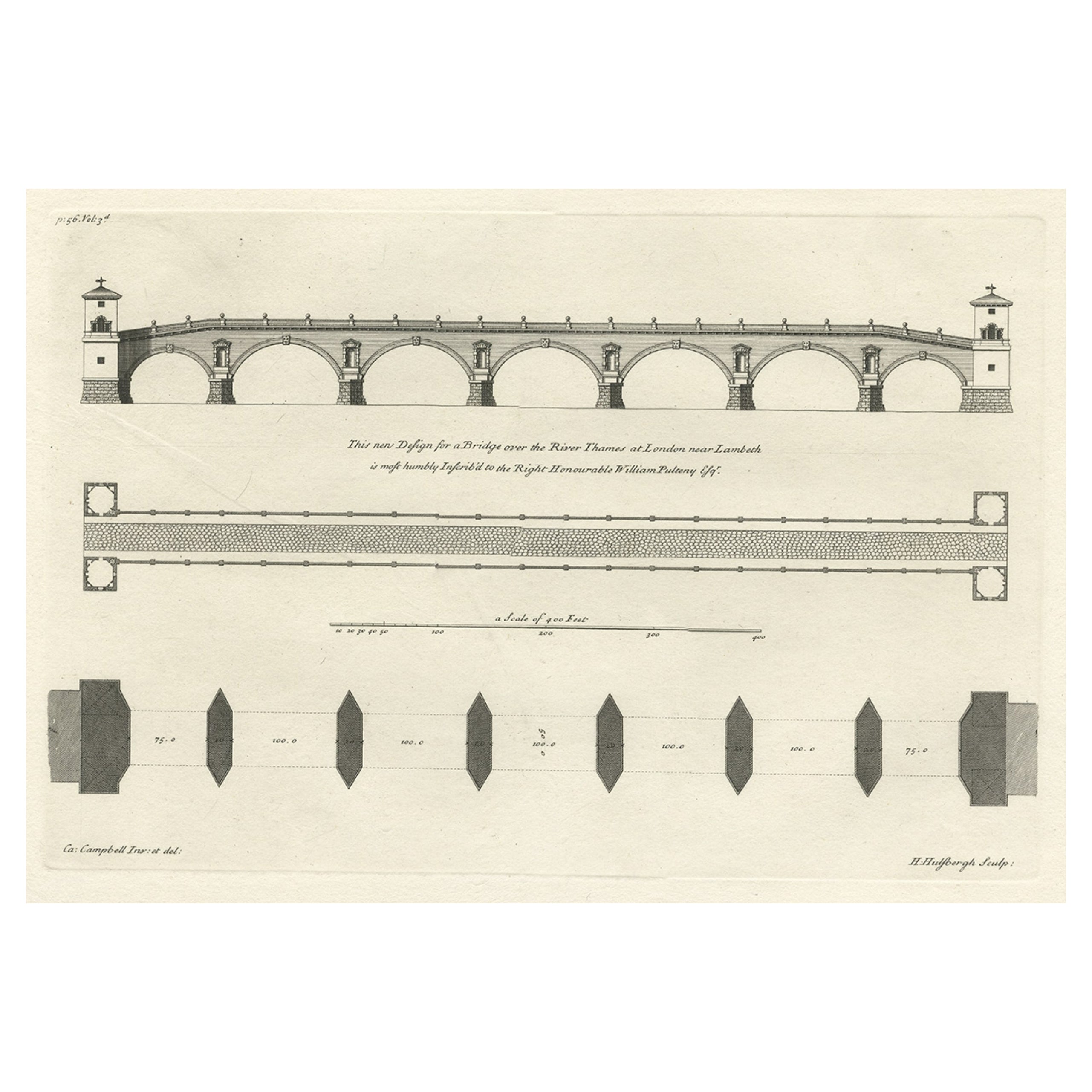 Antikes Design für eine New Bridge Across the Thames in Westminster, London, 1725
