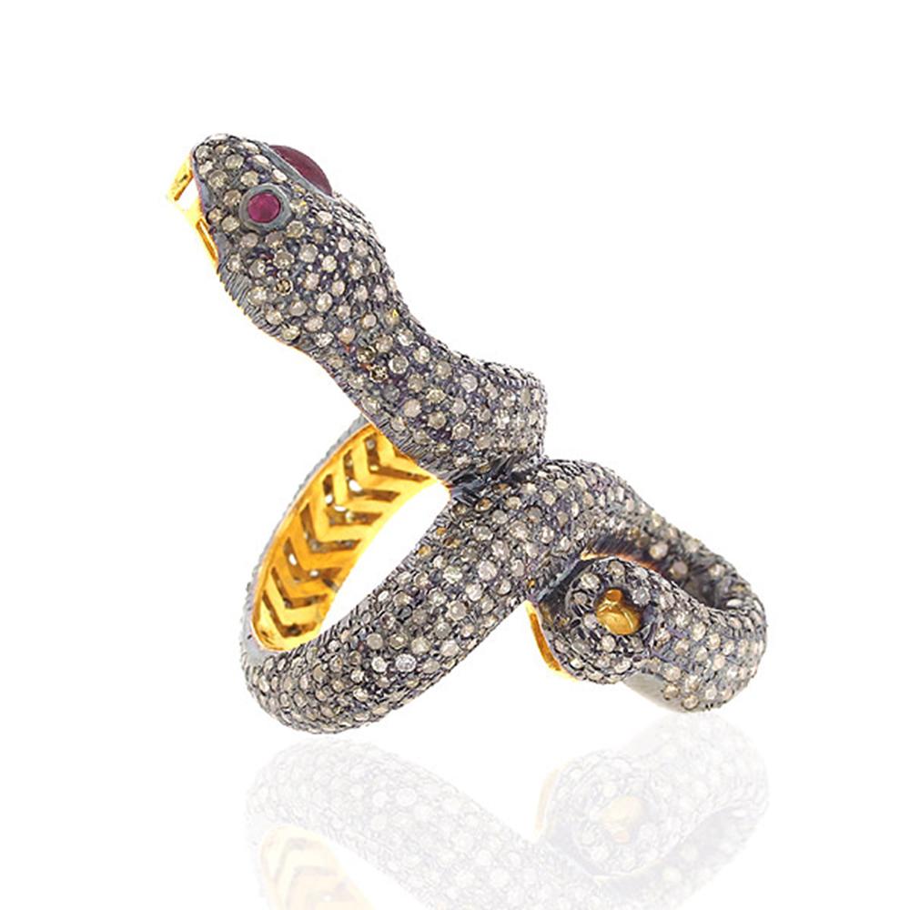 Art Deco Antique Design Snake Shape Long Ring with Ruby & Pave Diamonds in Gold & Silver For Sale