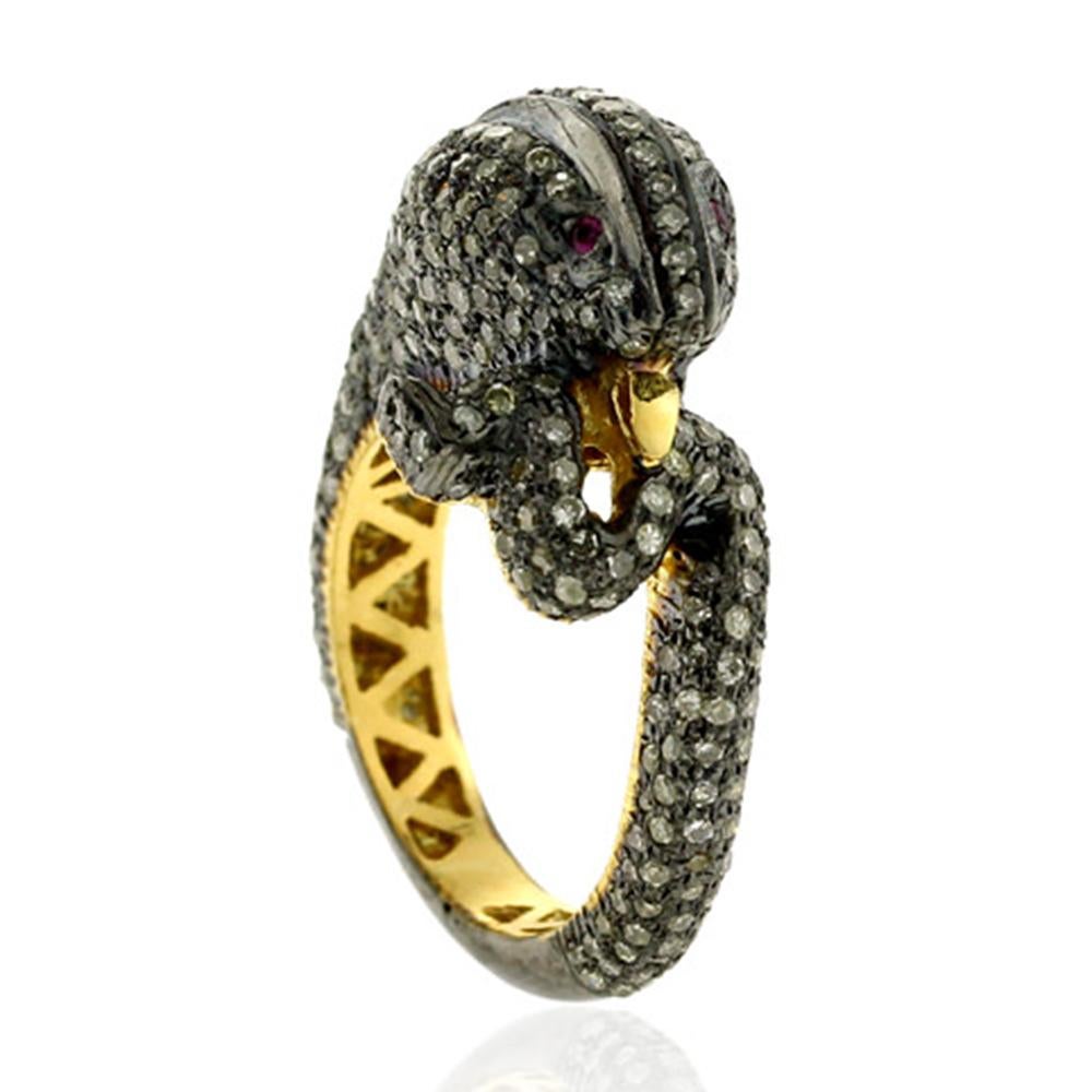 Art Deco Antique Design Snake Shape Ring with Ruby & Pave Diamonds Made in Gold & Silver For Sale