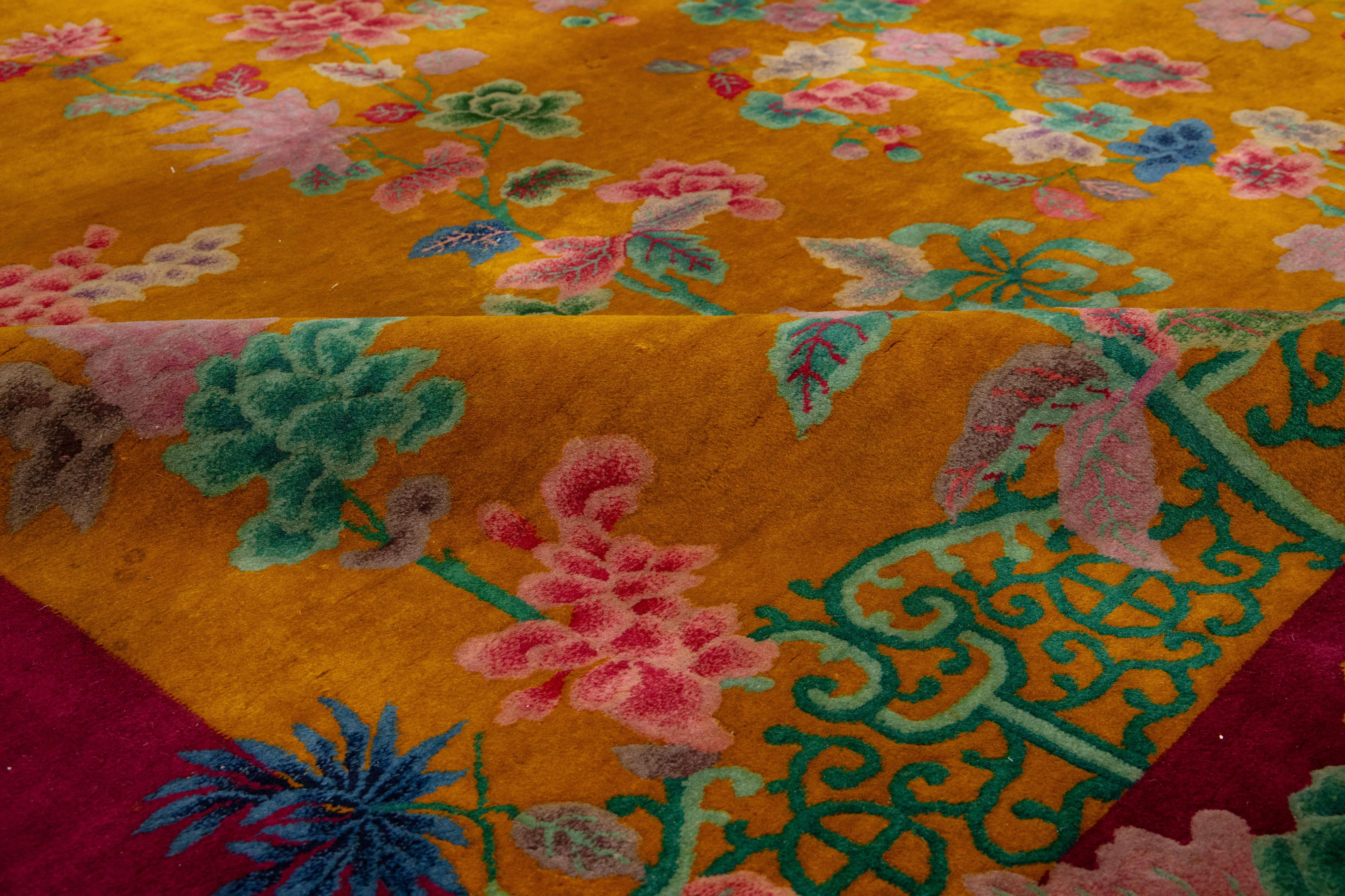 Antique Designed Art Deco Chinese Wool Rug Handmade In Goldenrod Color For Sale 3