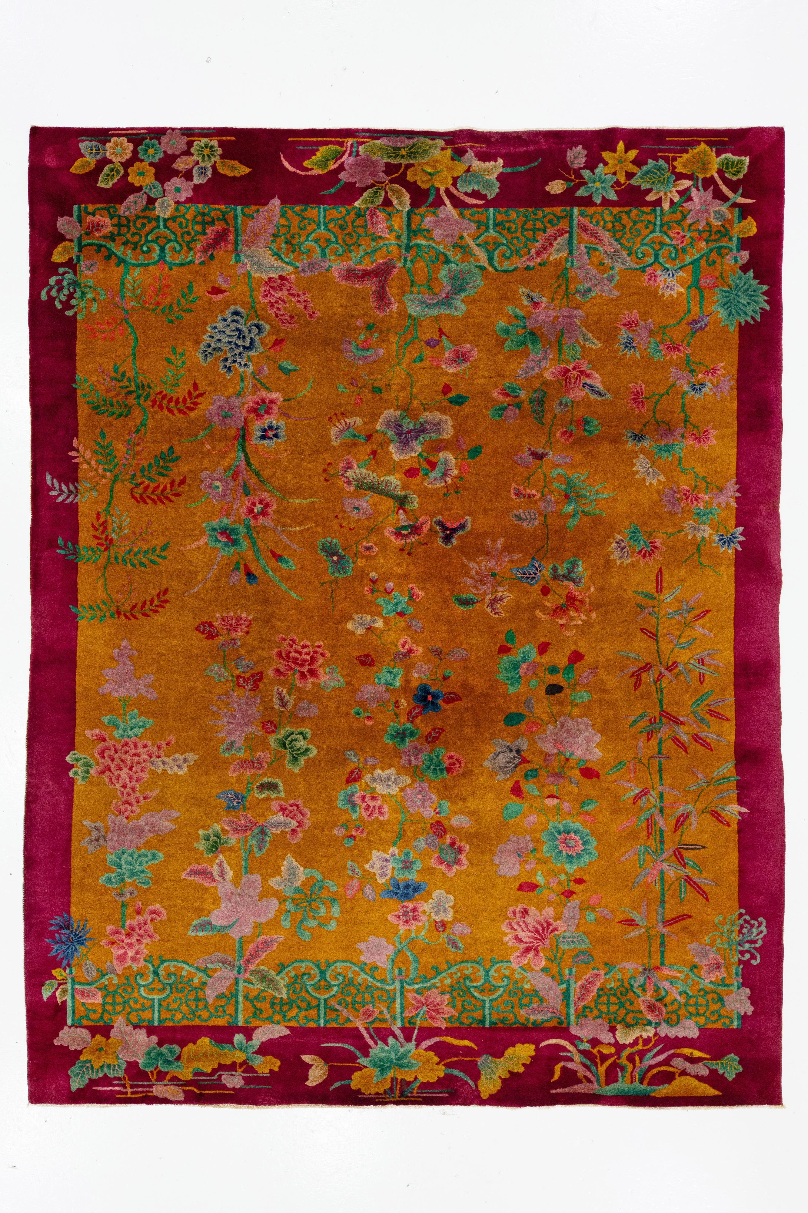 Antique Designed Art Deco Chinese Wool Rug Handmade In Goldenrod Color For Sale 4