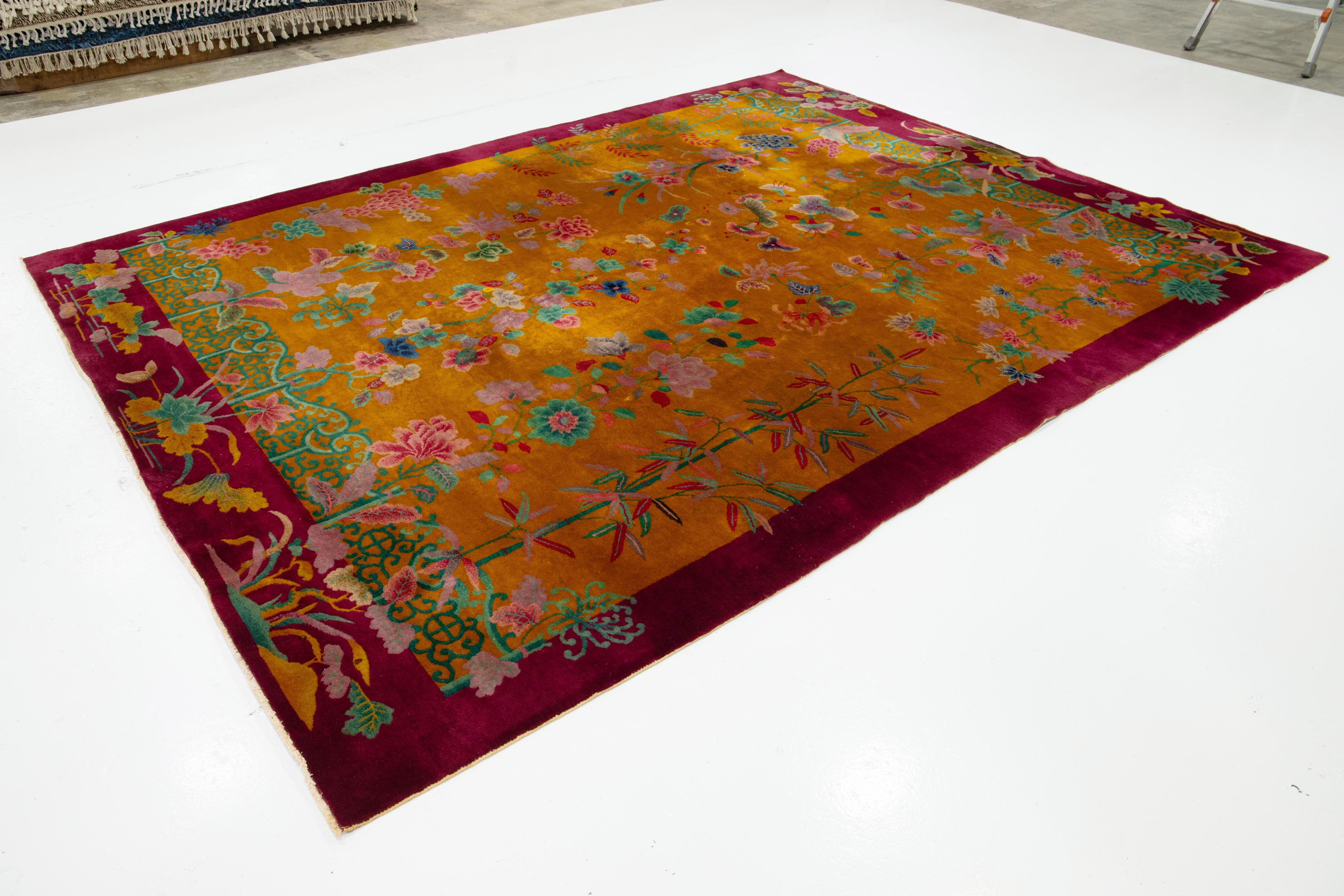 Hand-Knotted Antique Designed Art Deco Chinese Wool Rug Handmade In Goldenrod Color For Sale
