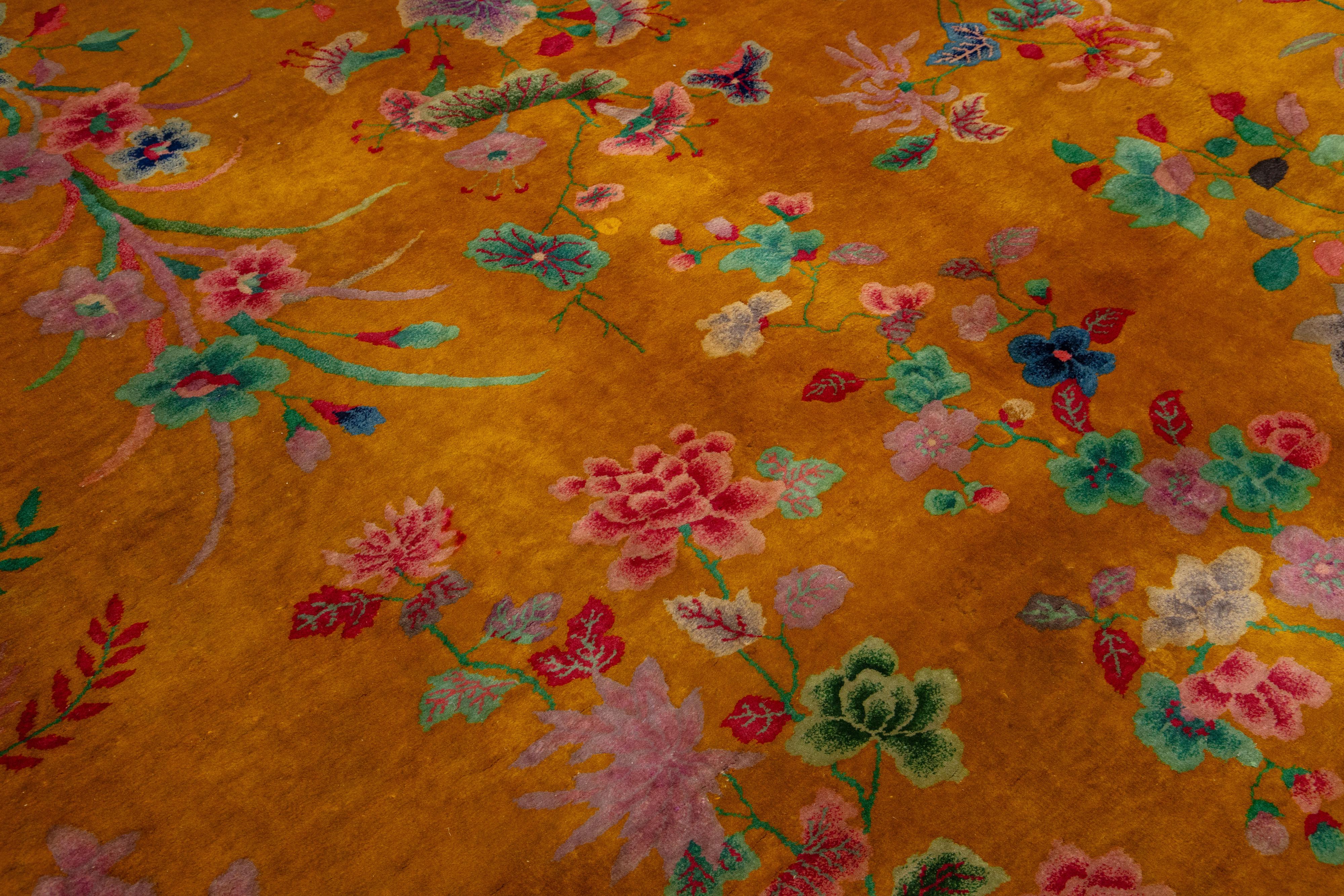 Antique Designed Art Deco Chinese Wool Rug Handmade In Goldenrod Color In Excellent Condition For Sale In Norwalk, CT