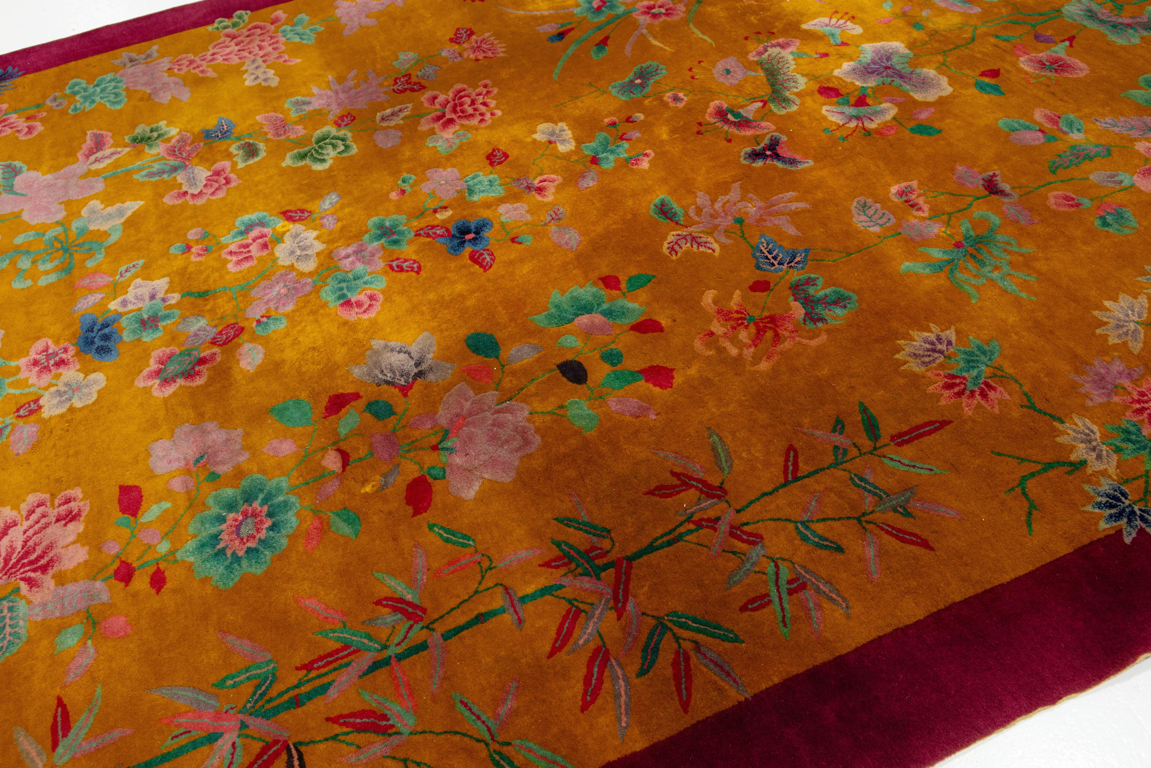 20th Century Antique Designed Art Deco Chinese Wool Rug Handmade In Goldenrod Color For Sale