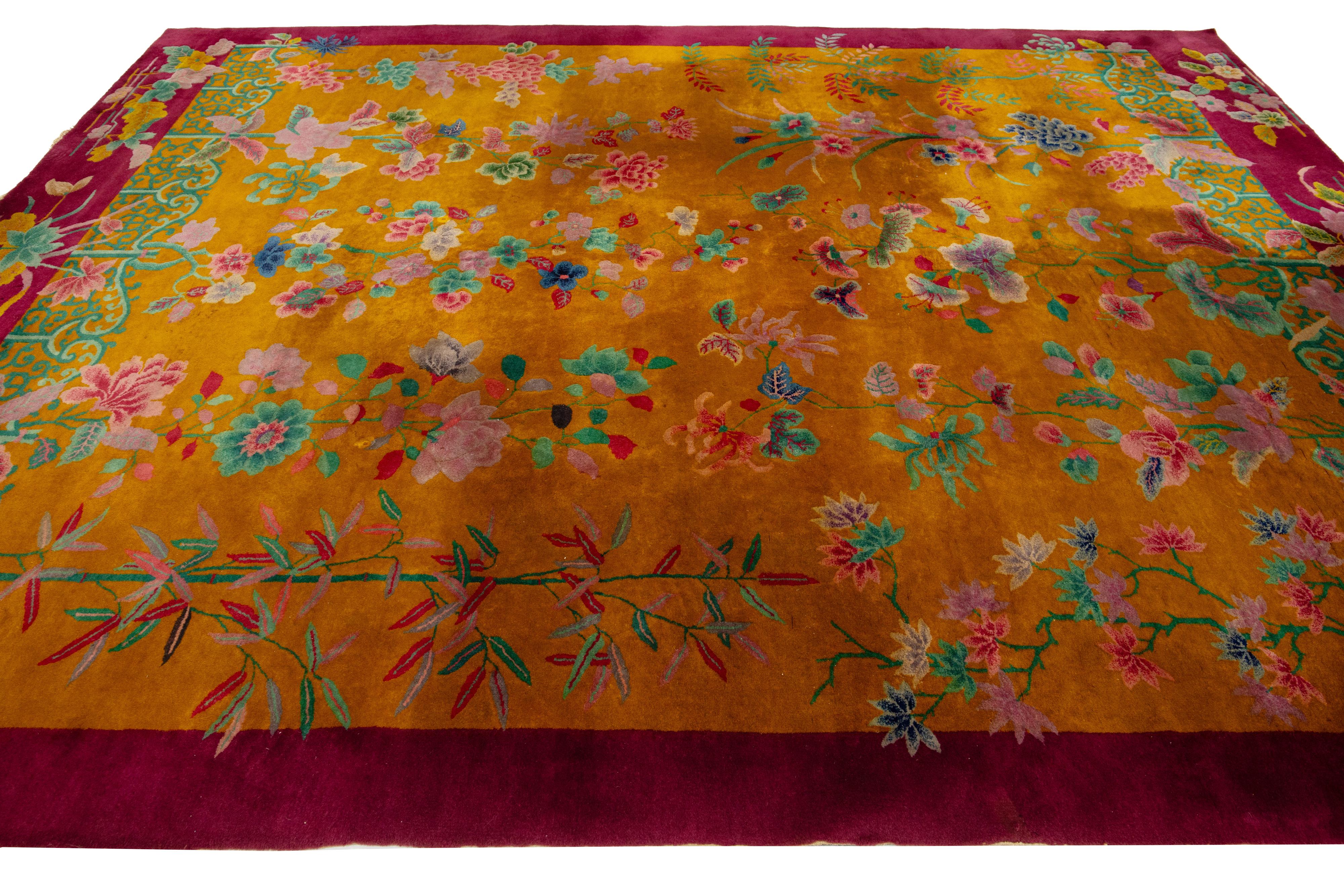 Other Antique Designed Art Deco Chinese Wool Rug Handmade In Goldenrod Color For Sale