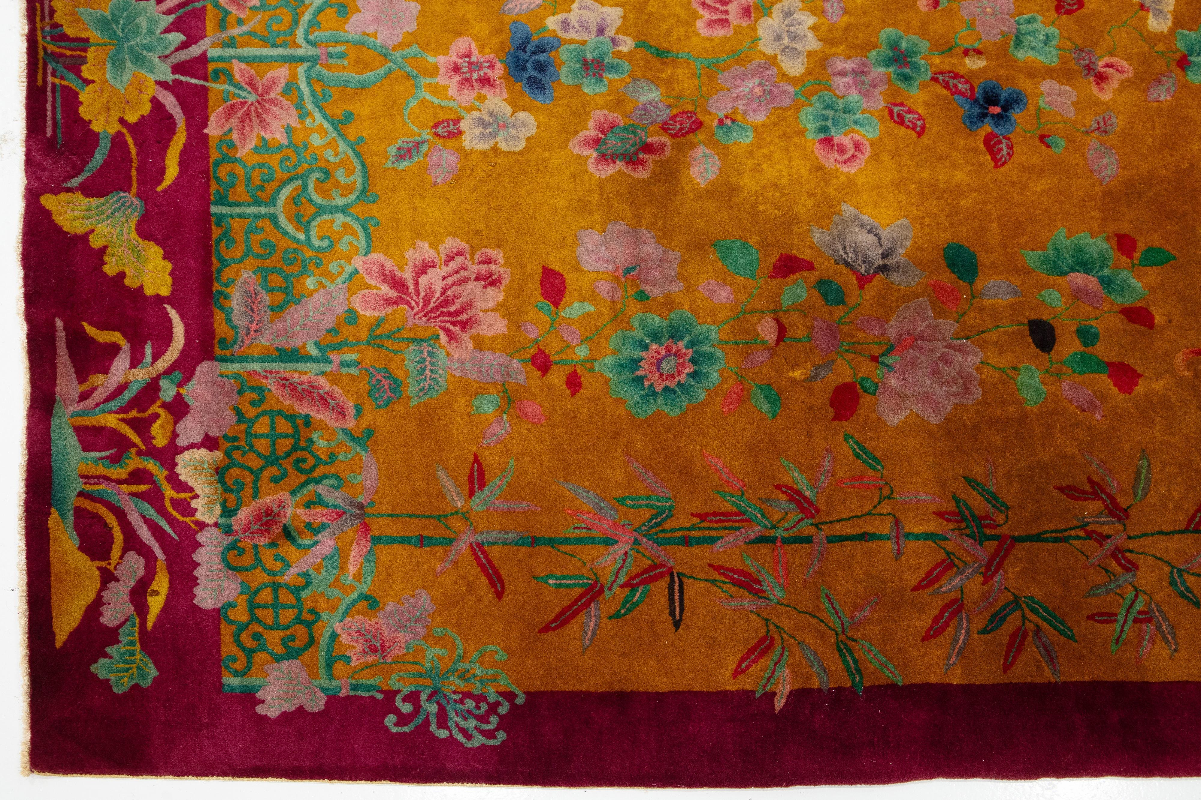 Antique Designed Art Deco Chinese Wool Rug Handmade In Goldenrod Color For Sale 1