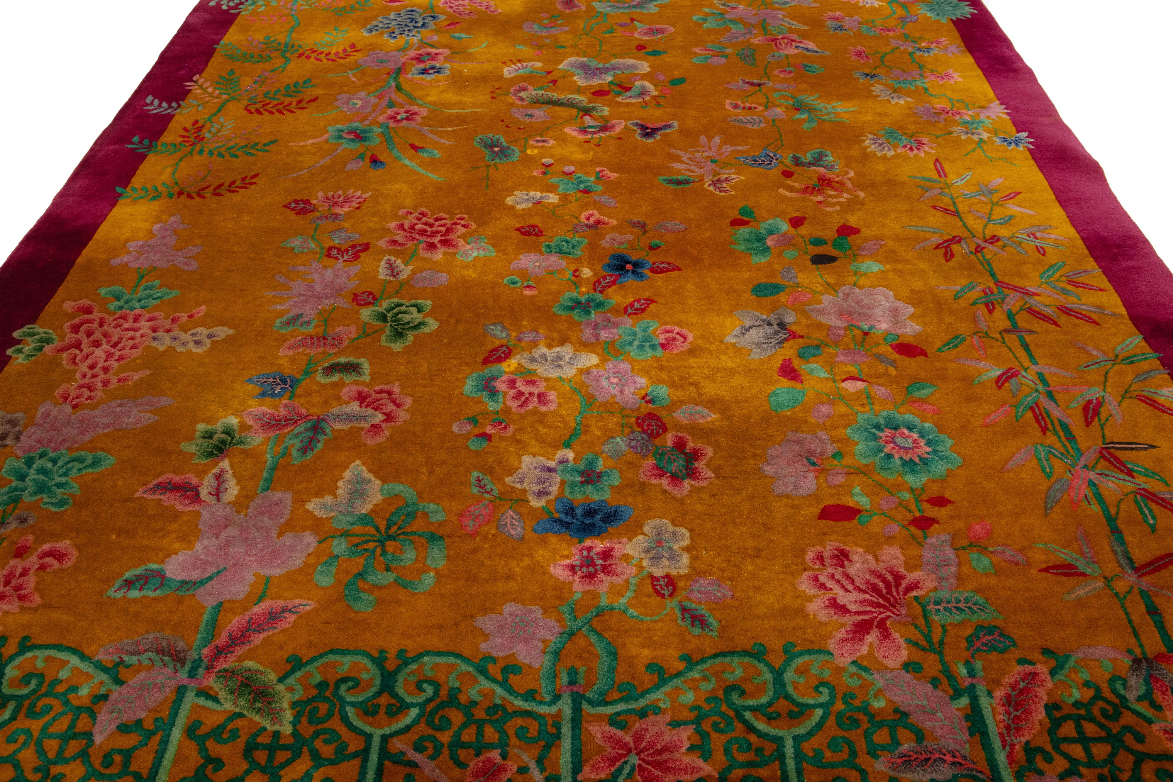 Antique Designed Art Deco Chinese Wool Rug Handmade In Goldenrod Color For Sale 2