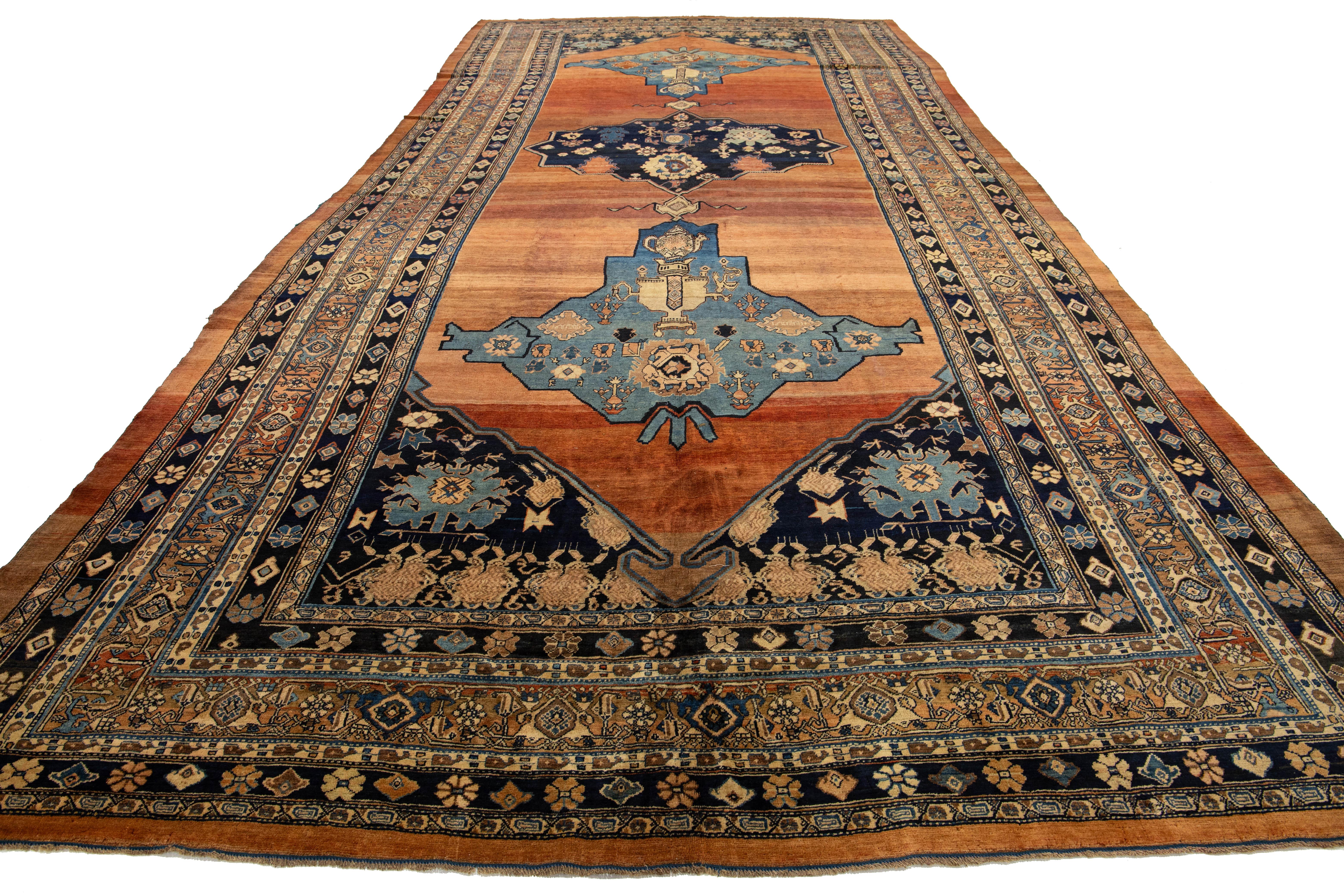 Antique Designed Persian Bidjar Gallery Wool Rug Handmade In Rust Color For Sale 4