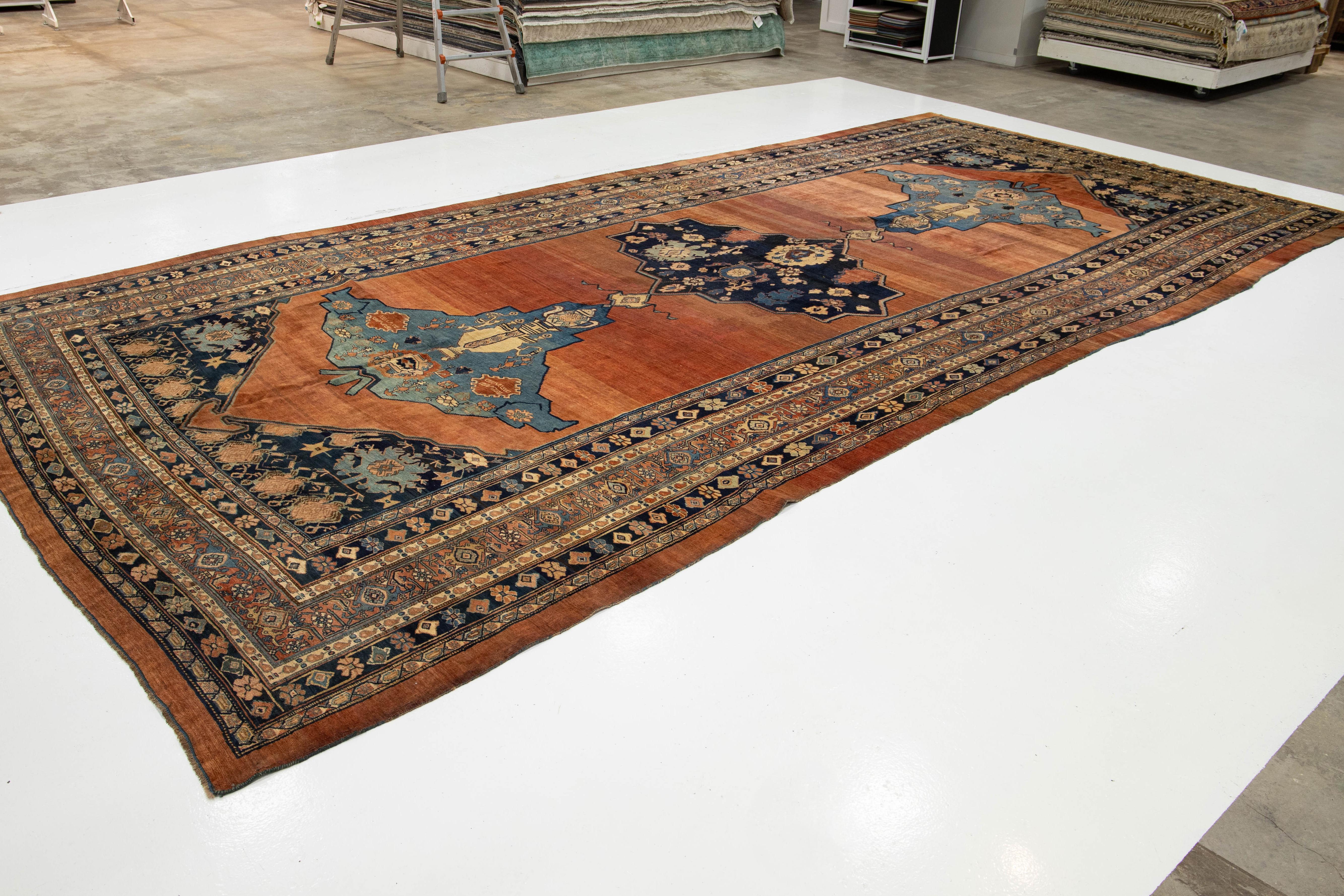 Islamic Antique Designed Persian Bidjar Gallery Wool Rug Handmade In Rust Color For Sale