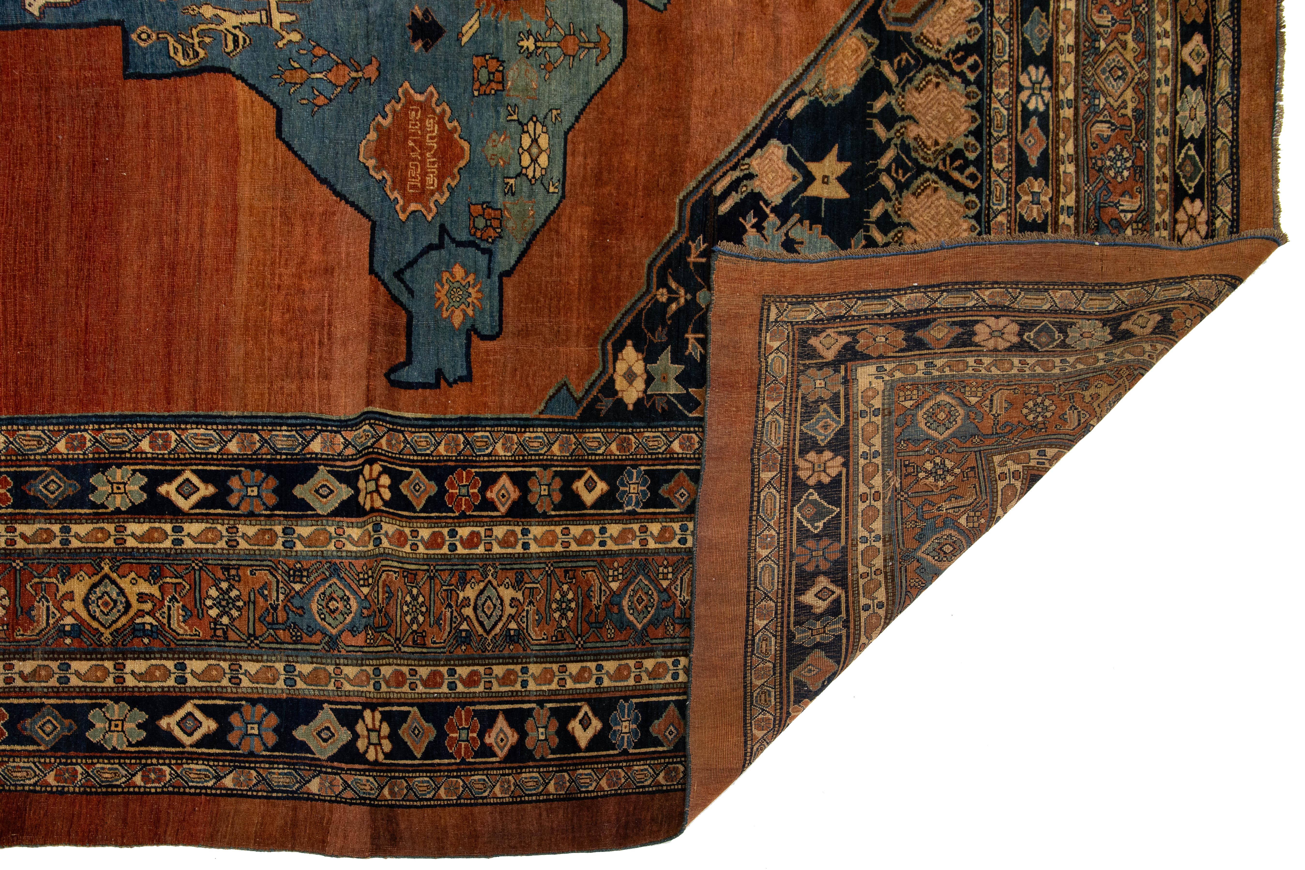 Hand-Knotted Antique Designed Persian Bidjar Gallery Wool Rug Handmade In Rust Color For Sale
