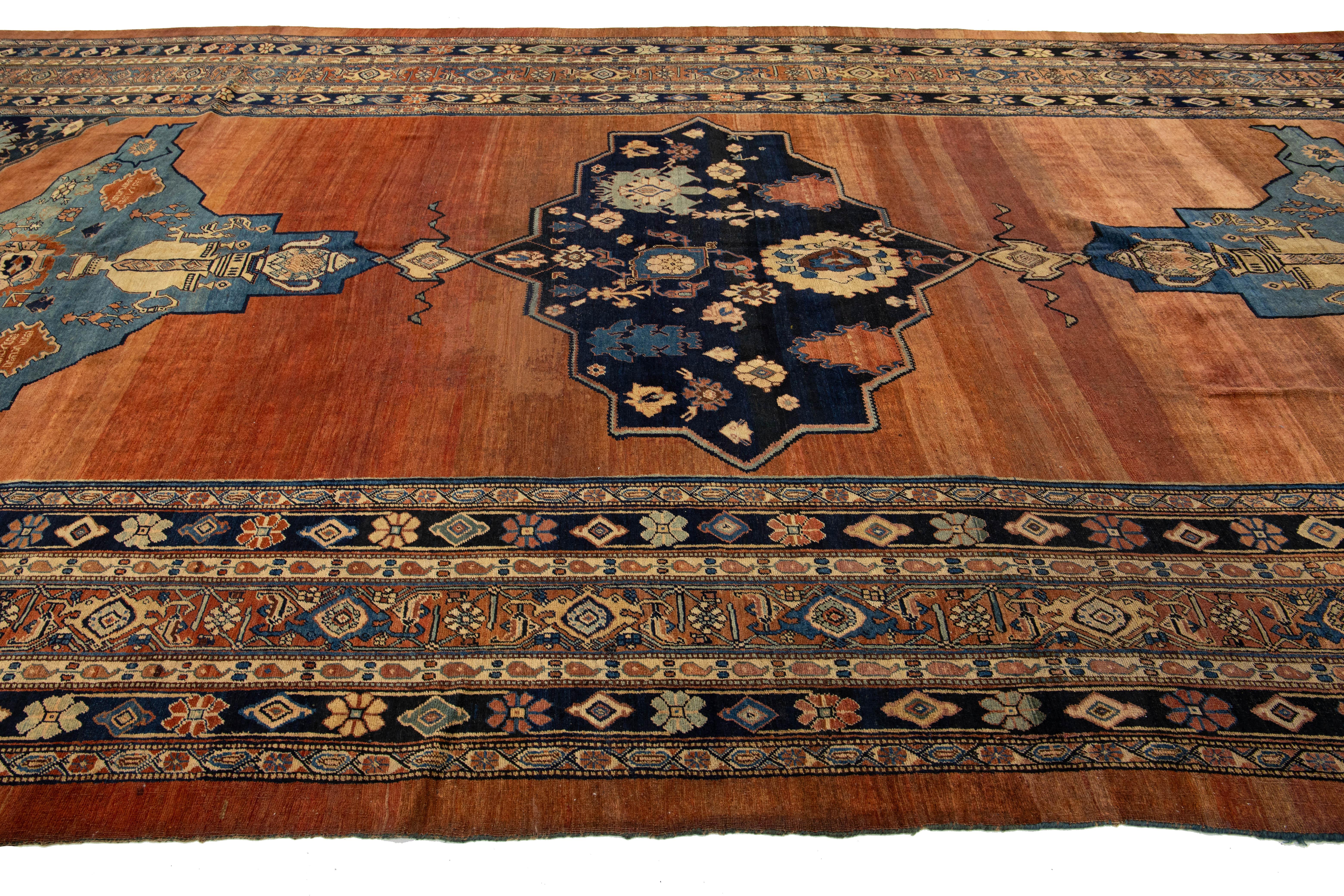 19th Century Antique Designed Persian Bidjar Gallery Wool Rug Handmade In Rust Color For Sale