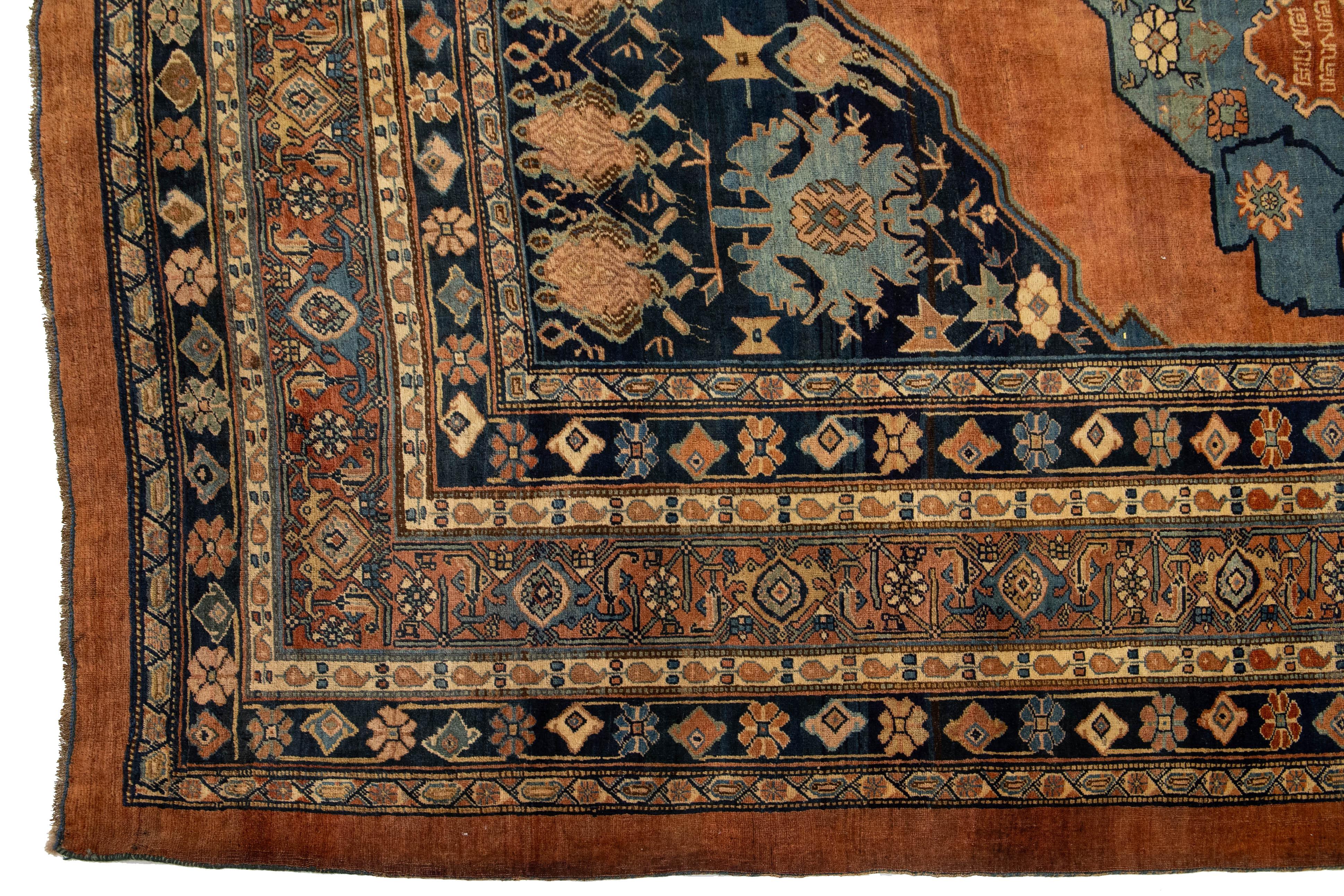 Antique Designed Persian Bidjar Gallery Wool Rug Handmade In Rust Color For Sale 1
