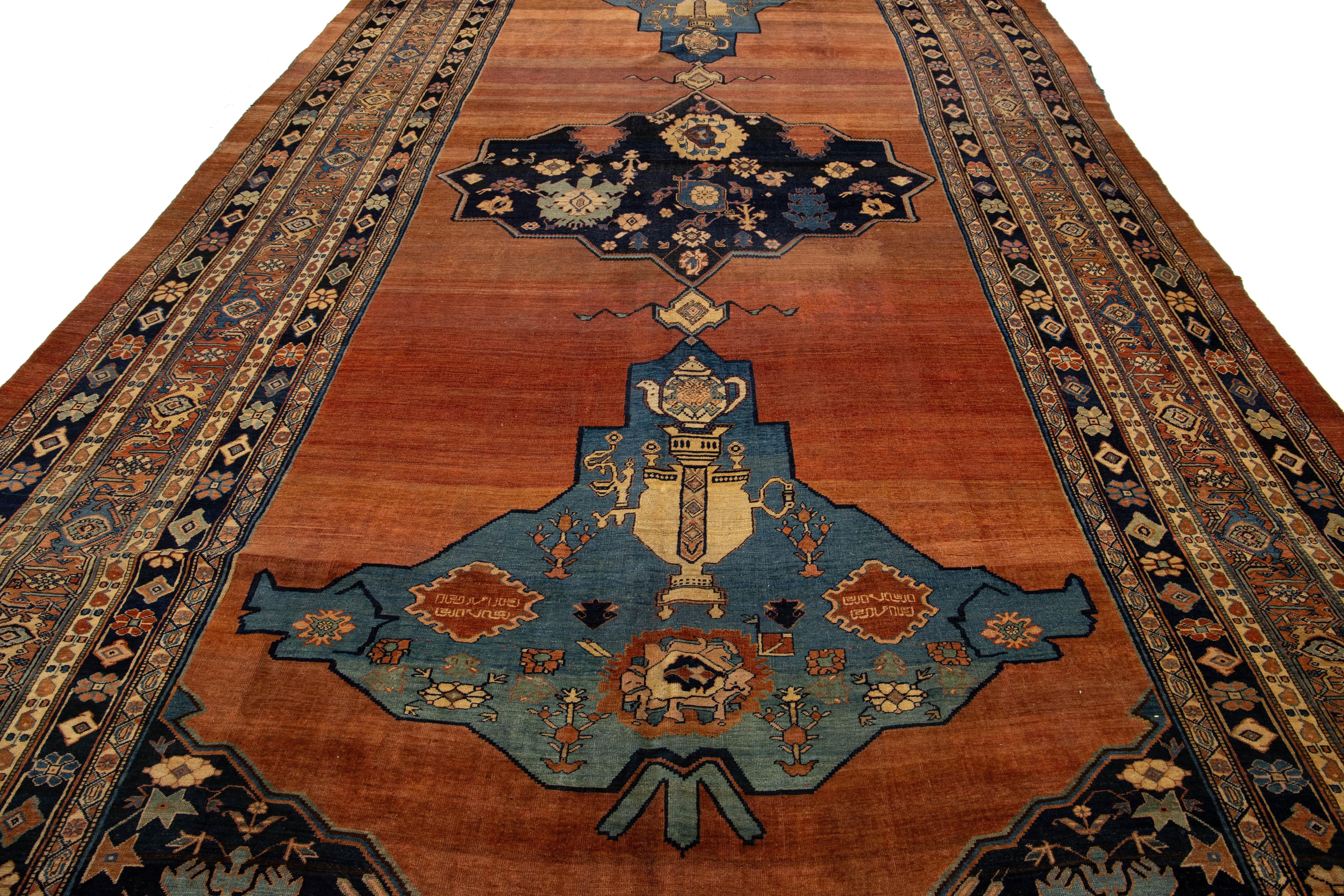 Antique Designed Persian Bidjar Gallery Wool Rug Handmade In Rust Color For Sale 2
