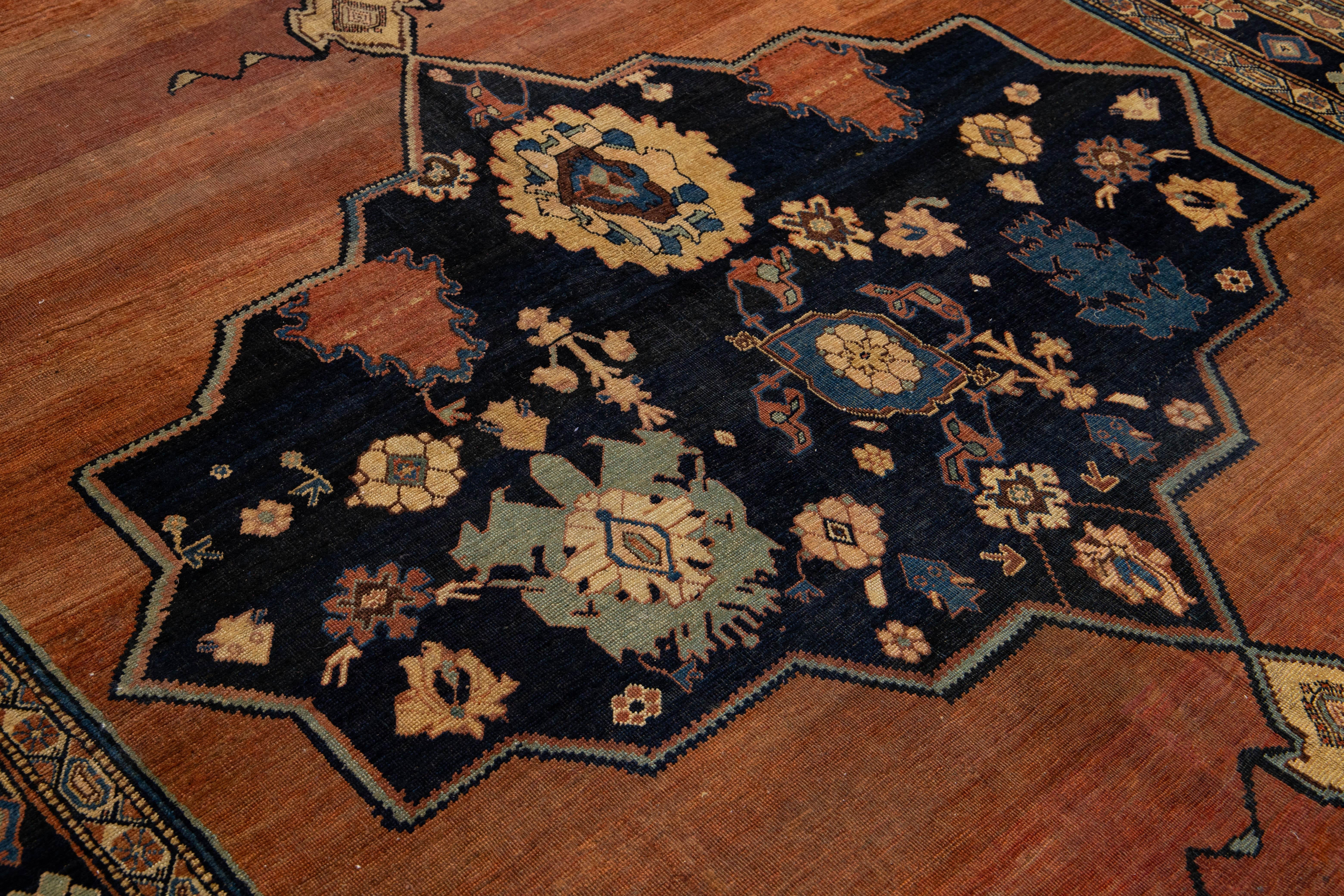 Antique Designed Persian Bidjar Gallery Wool Rug Handmade In Rust Color For Sale 3