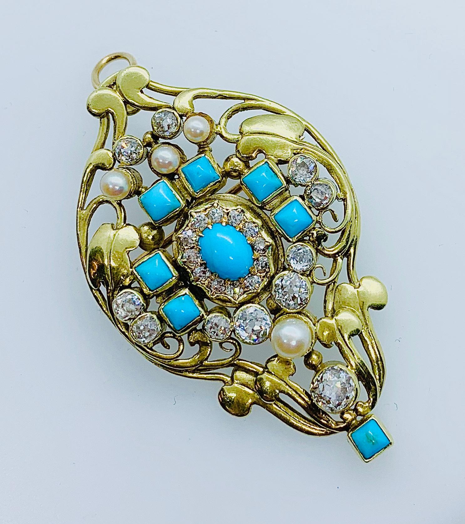 Gorgeous and very Important Arts & Crafts Pendant / Brooch. This piece was designed by Frank Gardner Hale. It is made in 14 k yellow Gold and features 23 Old Mine Cut Diamonds with an estimated Carat weight of 1.50, four natural pearls, seven square