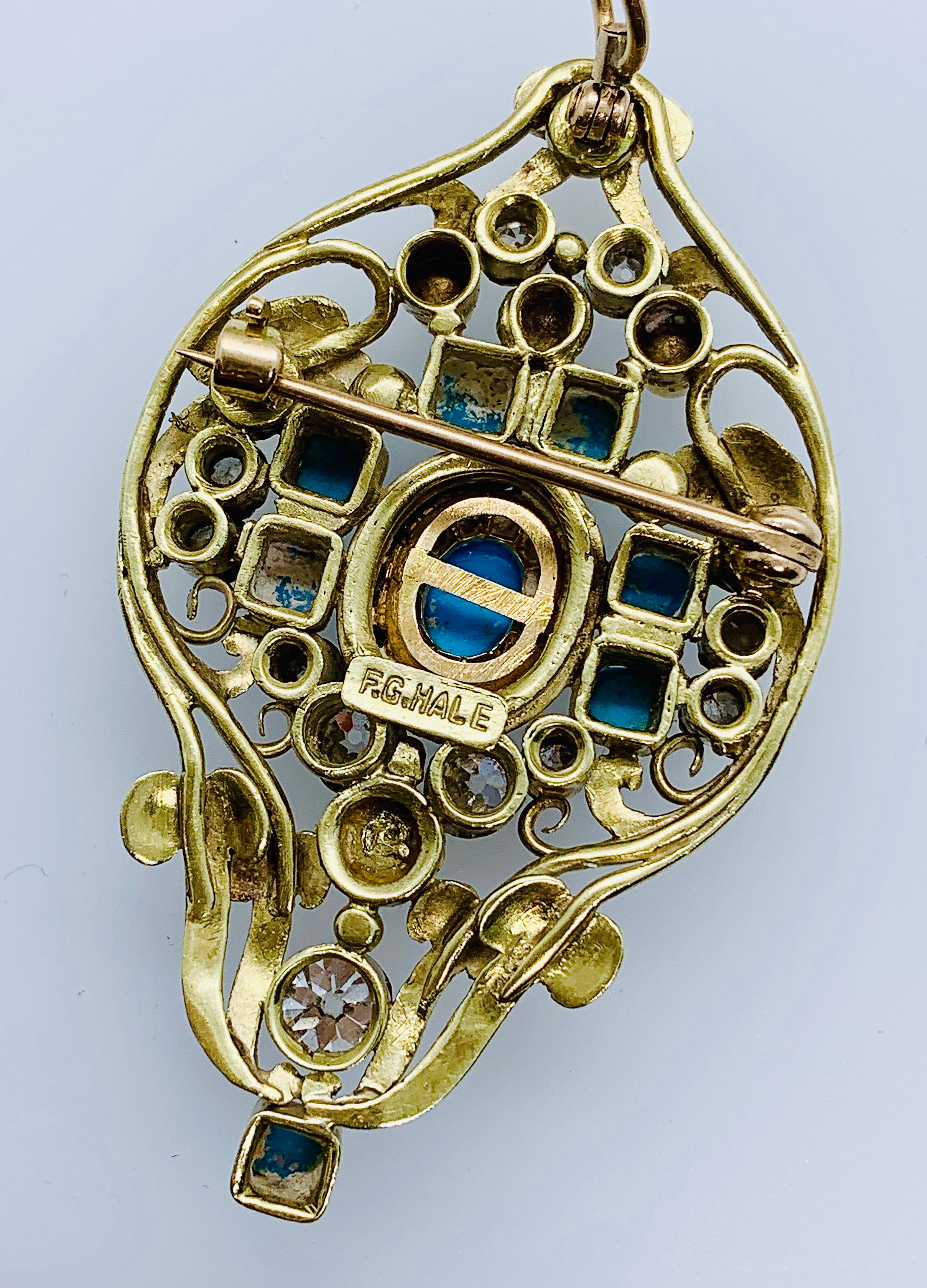 Arts and Crafts Antique Designer Frank Gardner Hale 14k Diamond Turquoise & Pearl Brooch Pendant For Sale