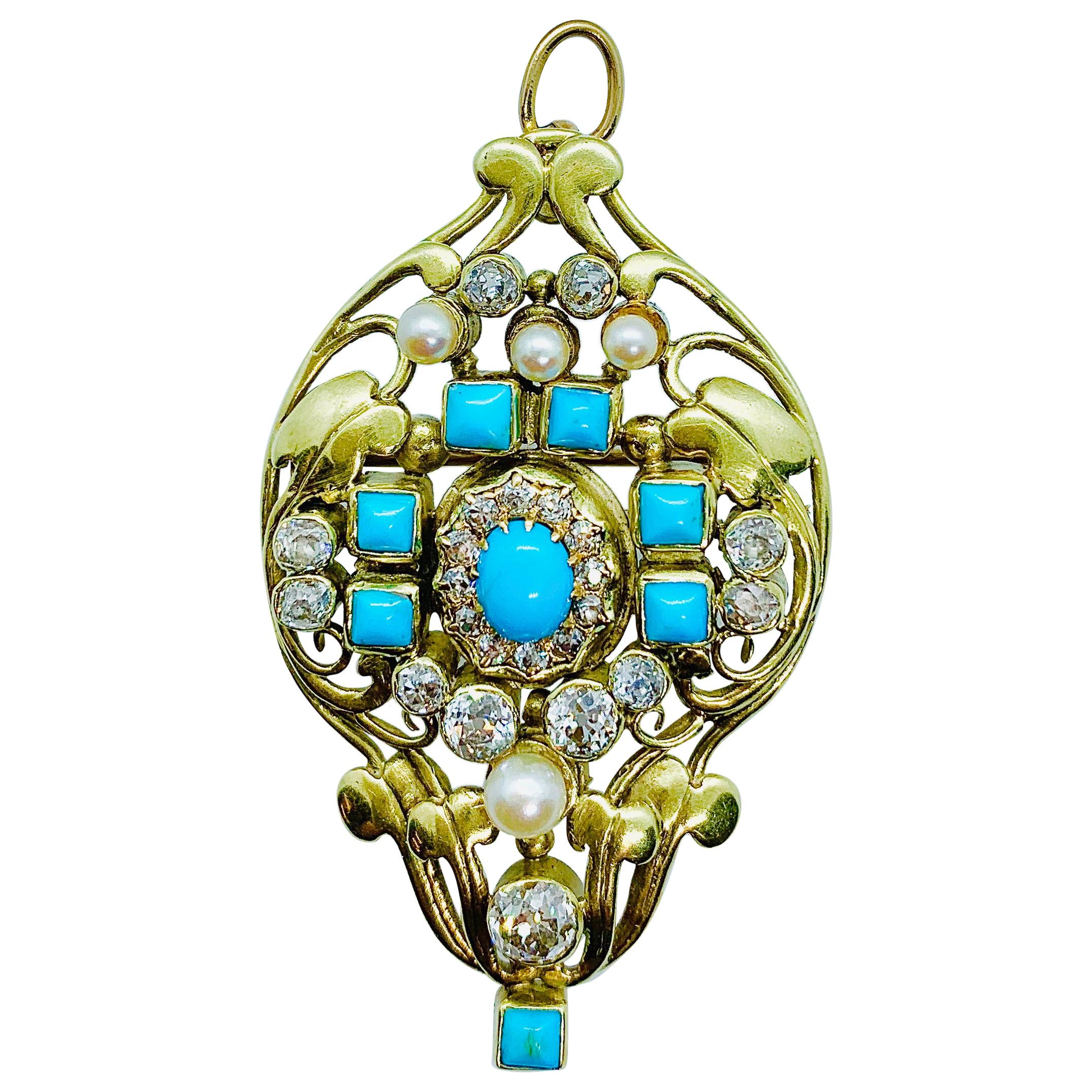 Antique Designer Frank Gardner Hale 14k Diamond Turquoise & Pearl Brooch Pendant For Sale