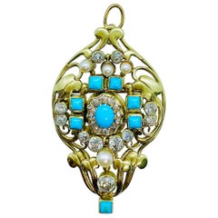 Frank Gardner Pendentif broche ancien dos nu en or 14 carats avec diamants, turquoises et perles