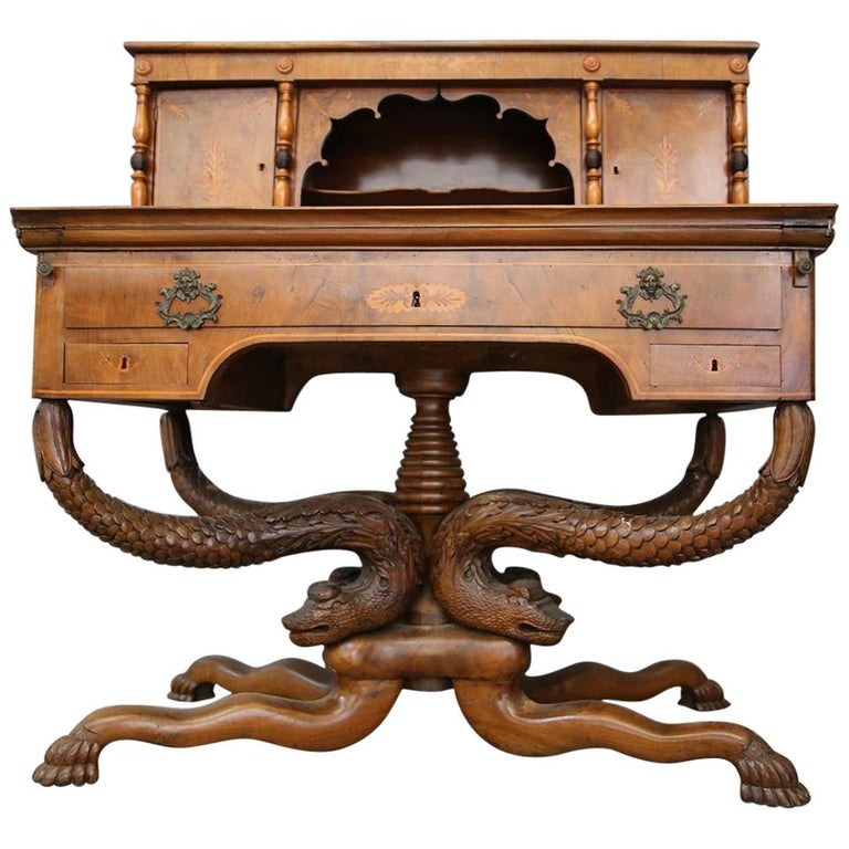 Antique Desk Cabinet In Inlaid Walnut, Antique Wood Desk Cabinet