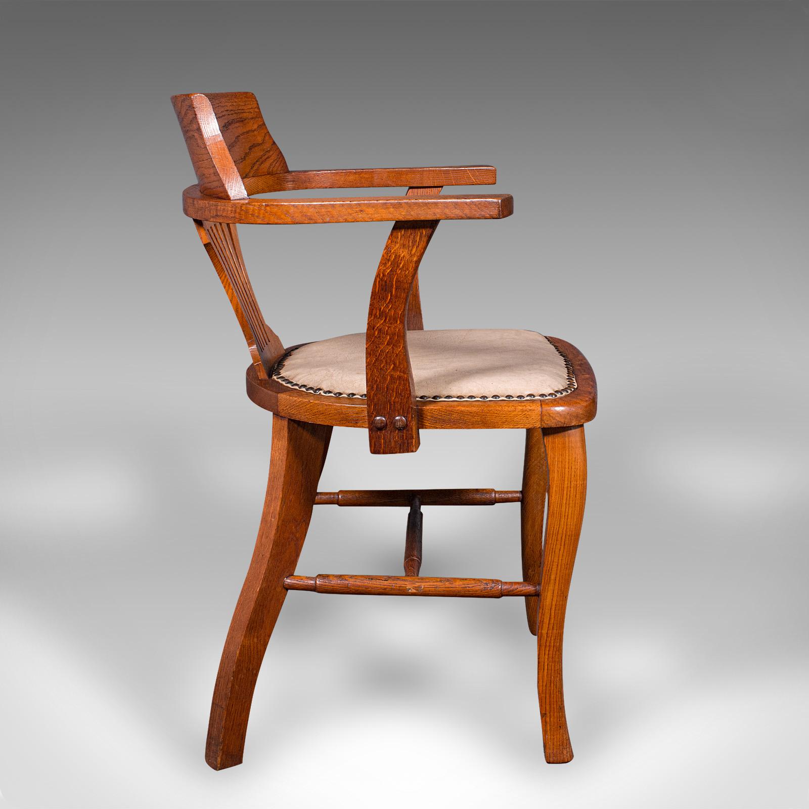 British Antique Desk Elbow Chair, English, Oak, Office Seat, Drawing Room, Edwardian For Sale