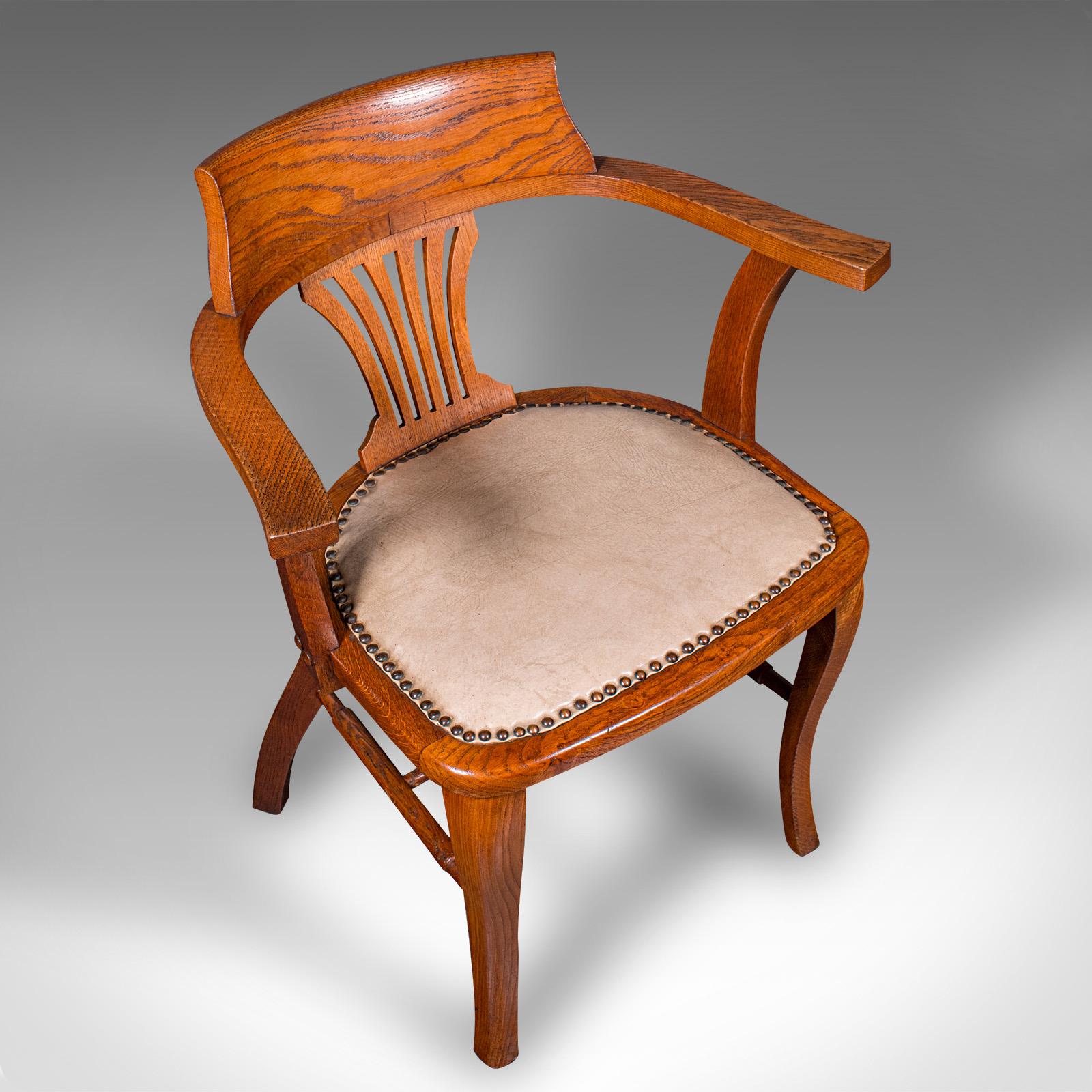 Antique Desk Elbow Chair, English, Oak, Office Seat, Drawing Room, Edwardian For Sale 1