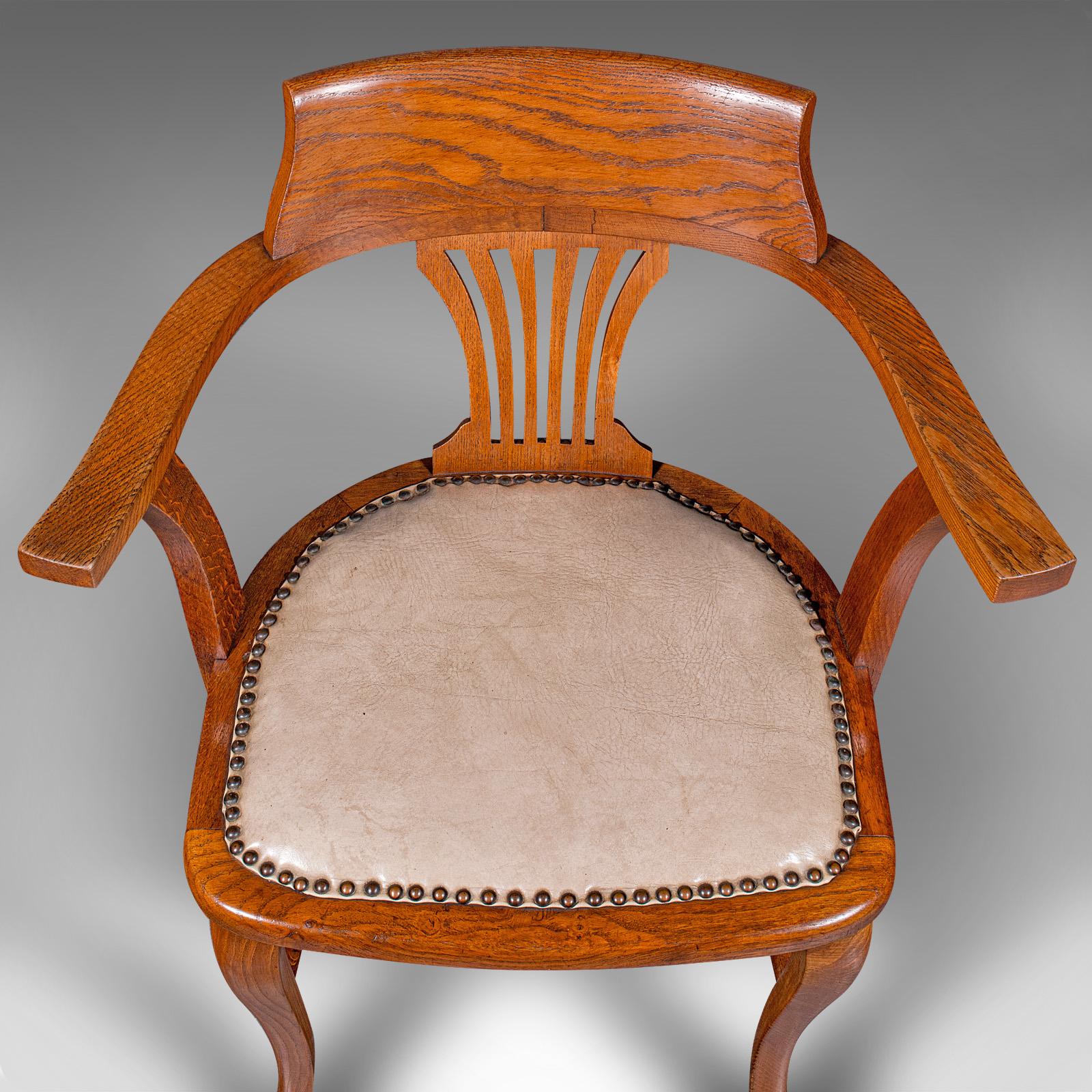 Antique Desk Elbow Chair, English, Oak, Office Seat, Drawing Room, Edwardian For Sale 2